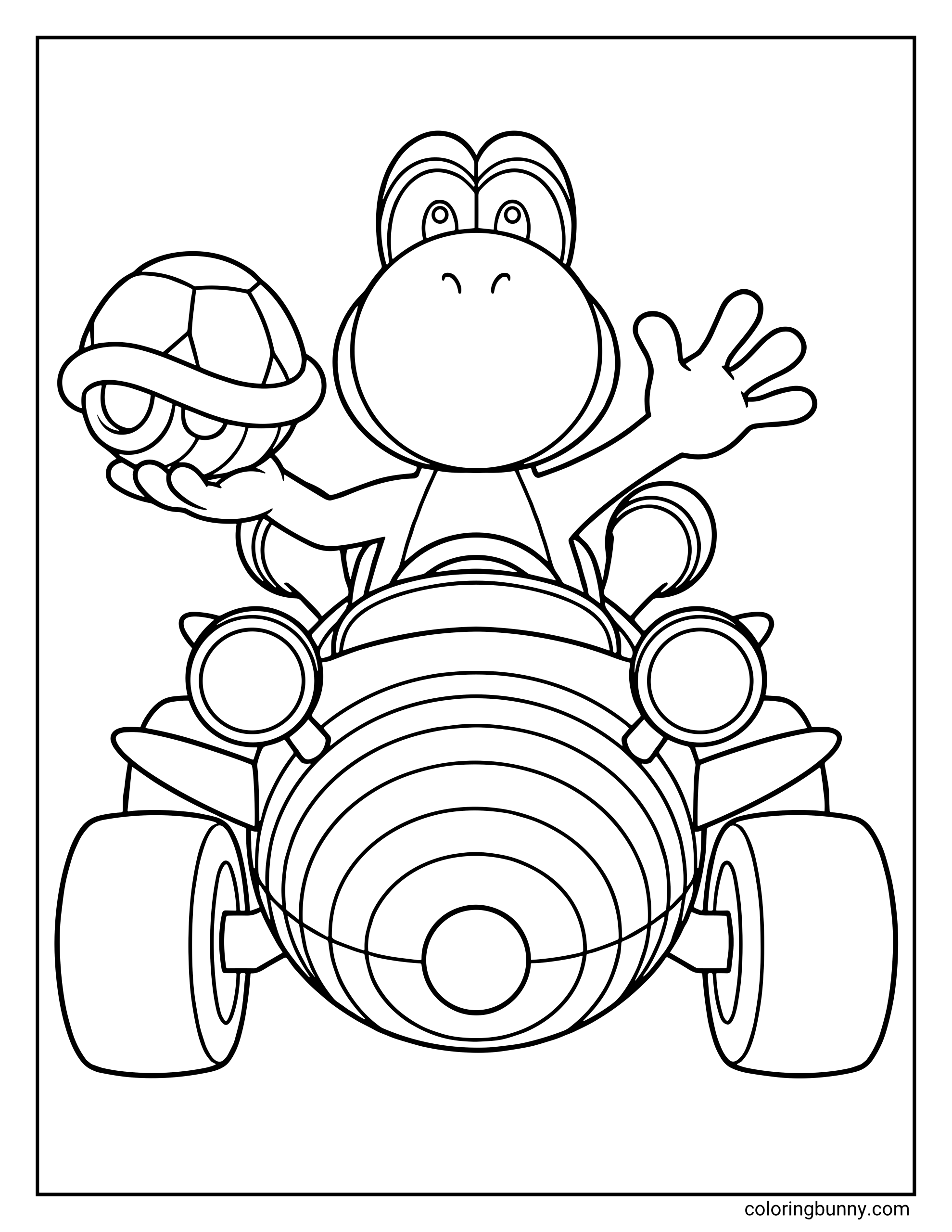 A coloring page of Yoshi behind the wheel of a stylized racing kart with large, round features. Yoshi is waving with one hand and holding a Koopa shell item with the other, ready for action.
