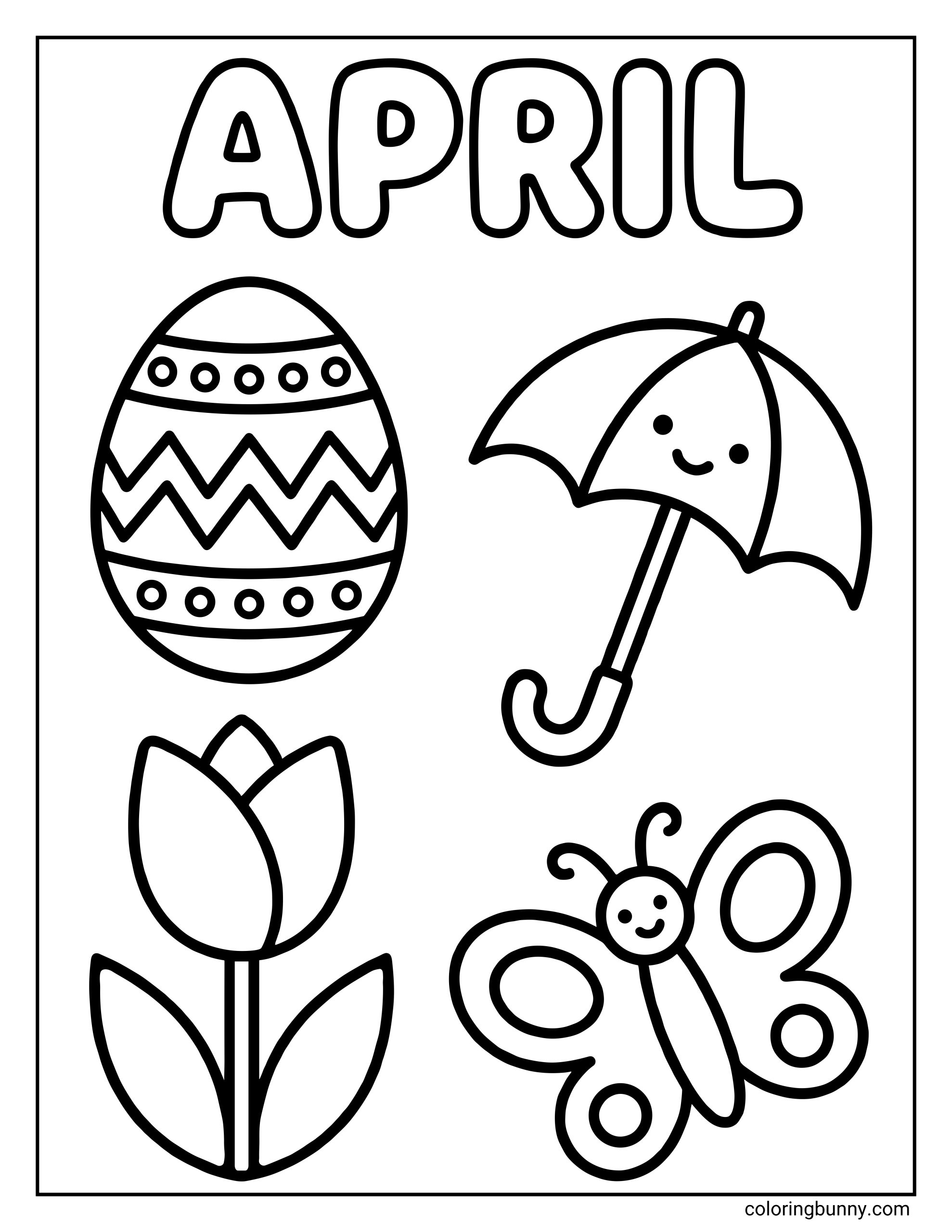 A simple coloring page for kids featuring the hollow text "APRIL" at the top and below it a patterned Easter egg, a smiling umbrella, a simple tulip, and a smiling butterfly.