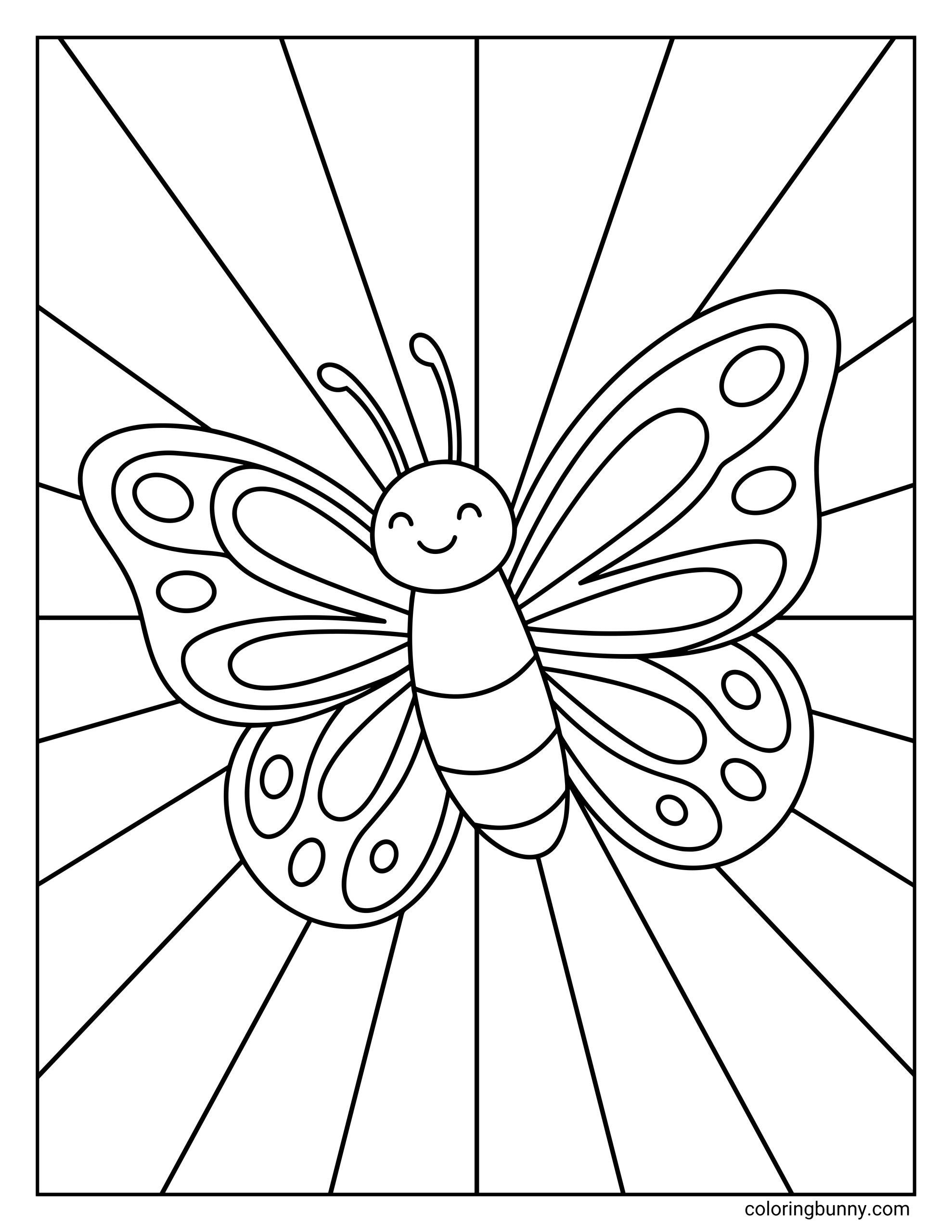 A coloring page of a simple smiling butterfly with large wings centered in front of a background of radiating lines.