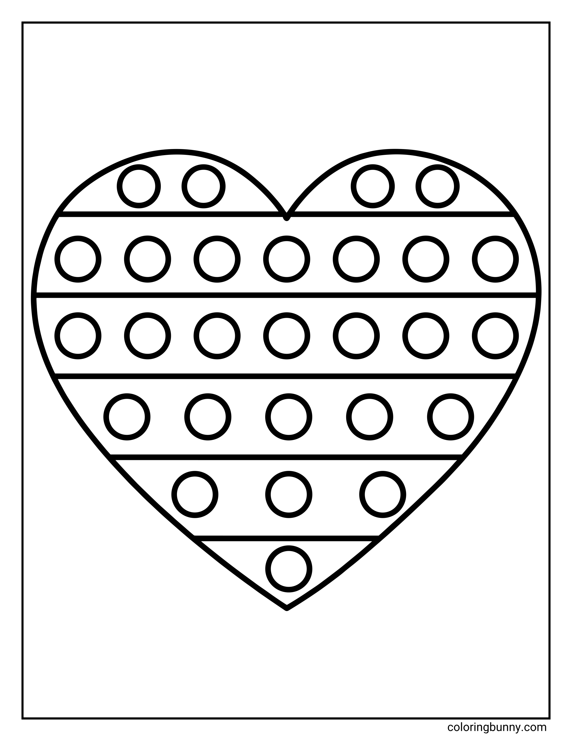 A simple dot art heart coloring page showing a large symmetrical shape made of horizontal stripes filled with evenly spaced circles, drawn in bold black outlines on a white background.