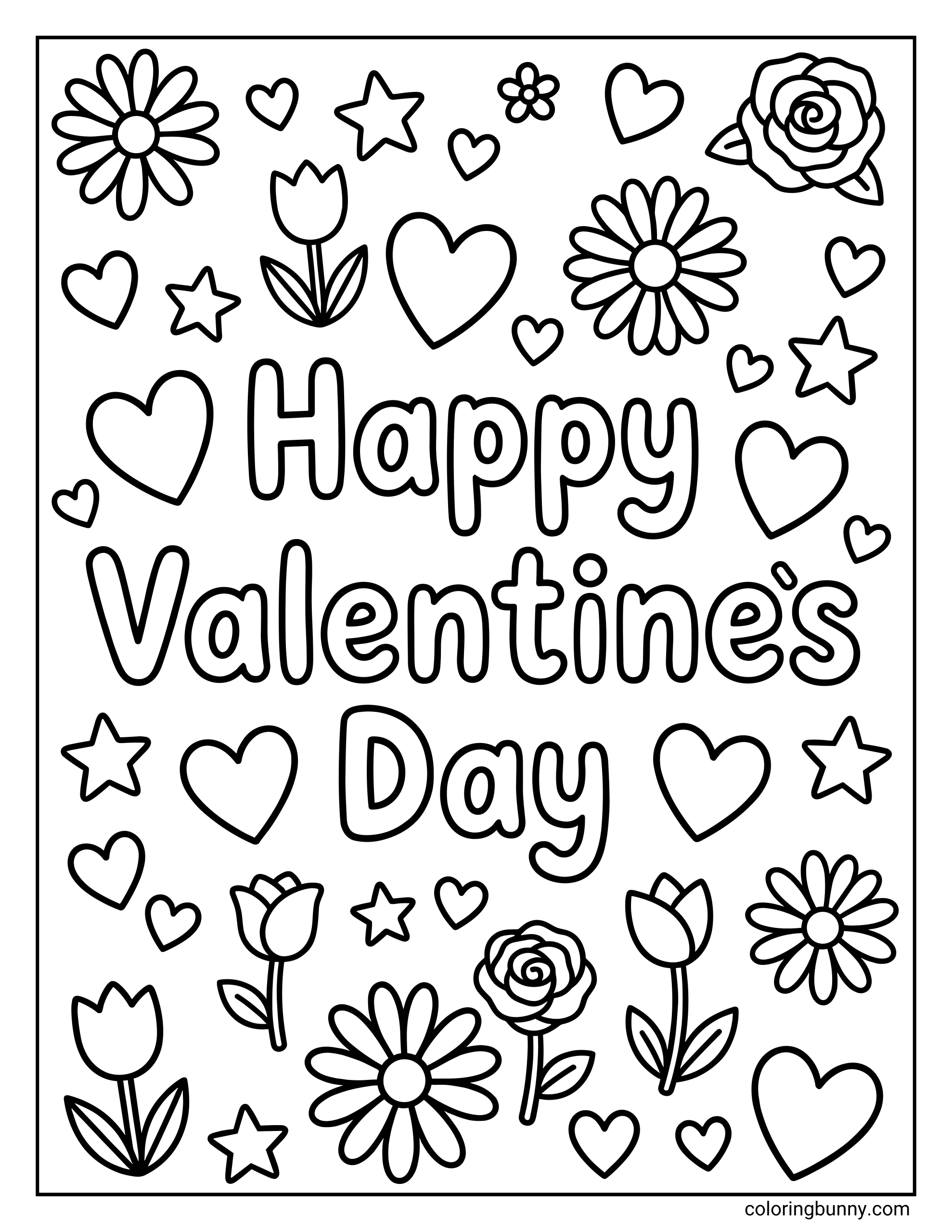 Happy Valentines Day coloring page featuring the text 'Happy Valentines Day' surrounded by roses, tulips, daisies, stars, and hearts.