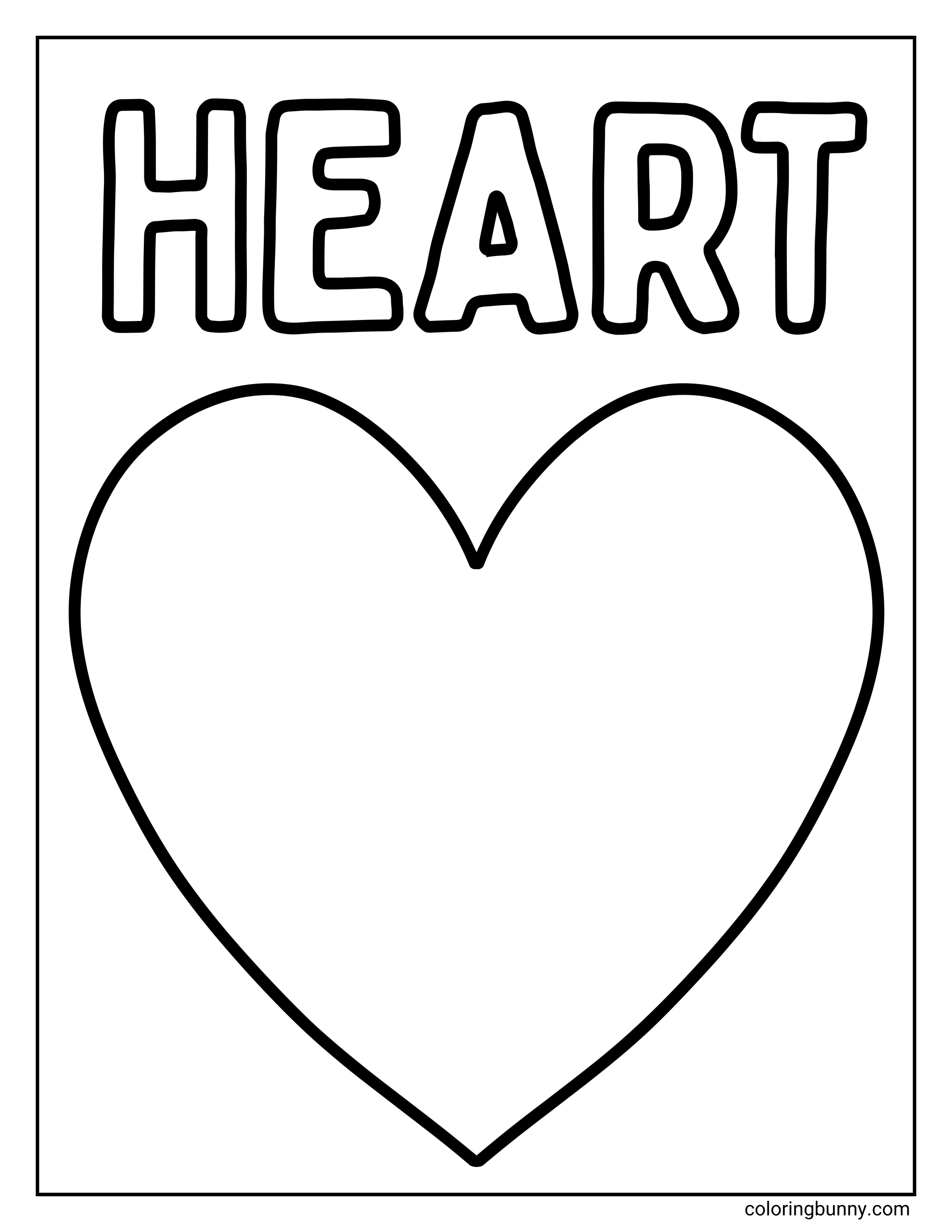 An easy heart coloring page featuring a large, simple heart outline with the word "HEART" written above it in big bubble letters.