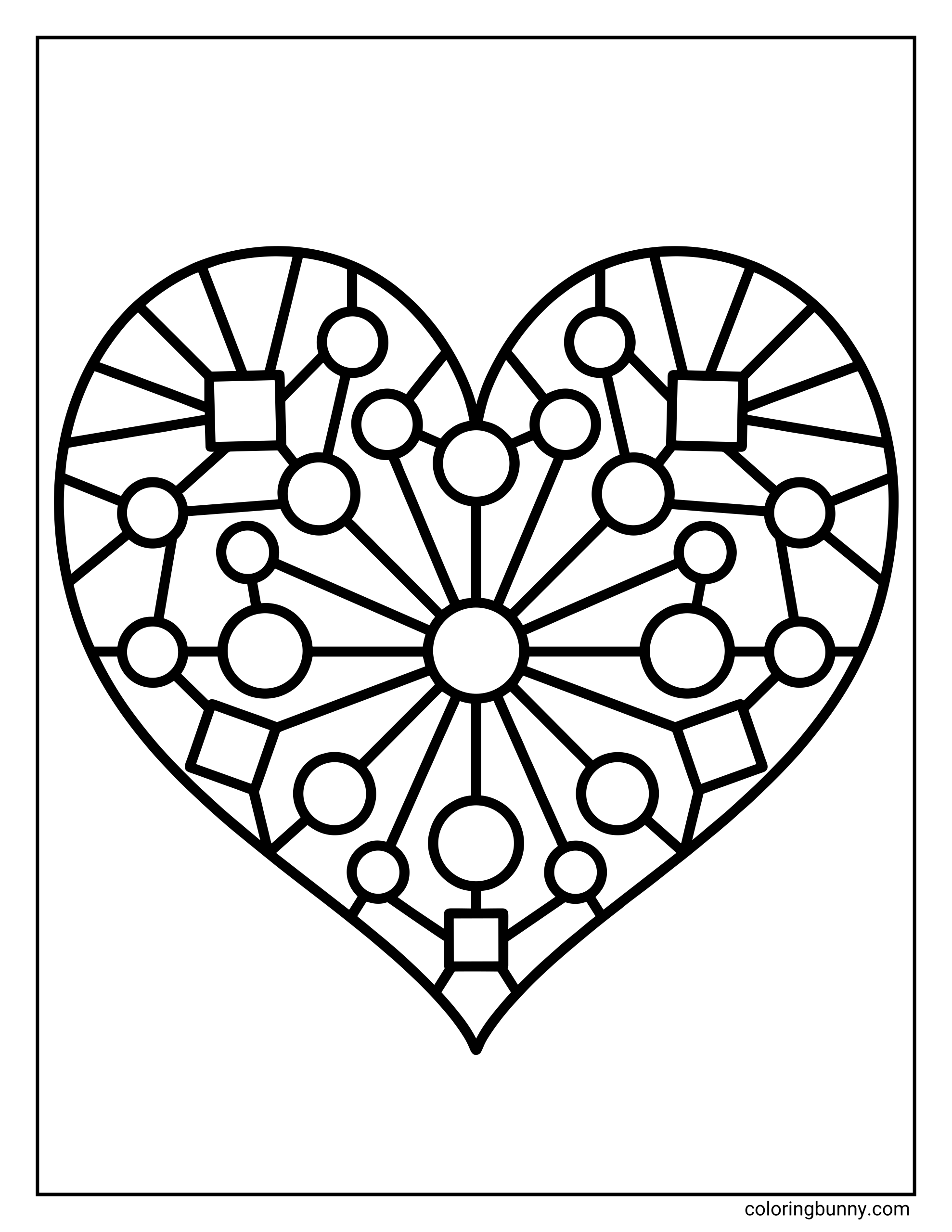 An easy coloring page of a heart filled with a symmetrical geometric pattern made of radiating lines, circles, and squares.