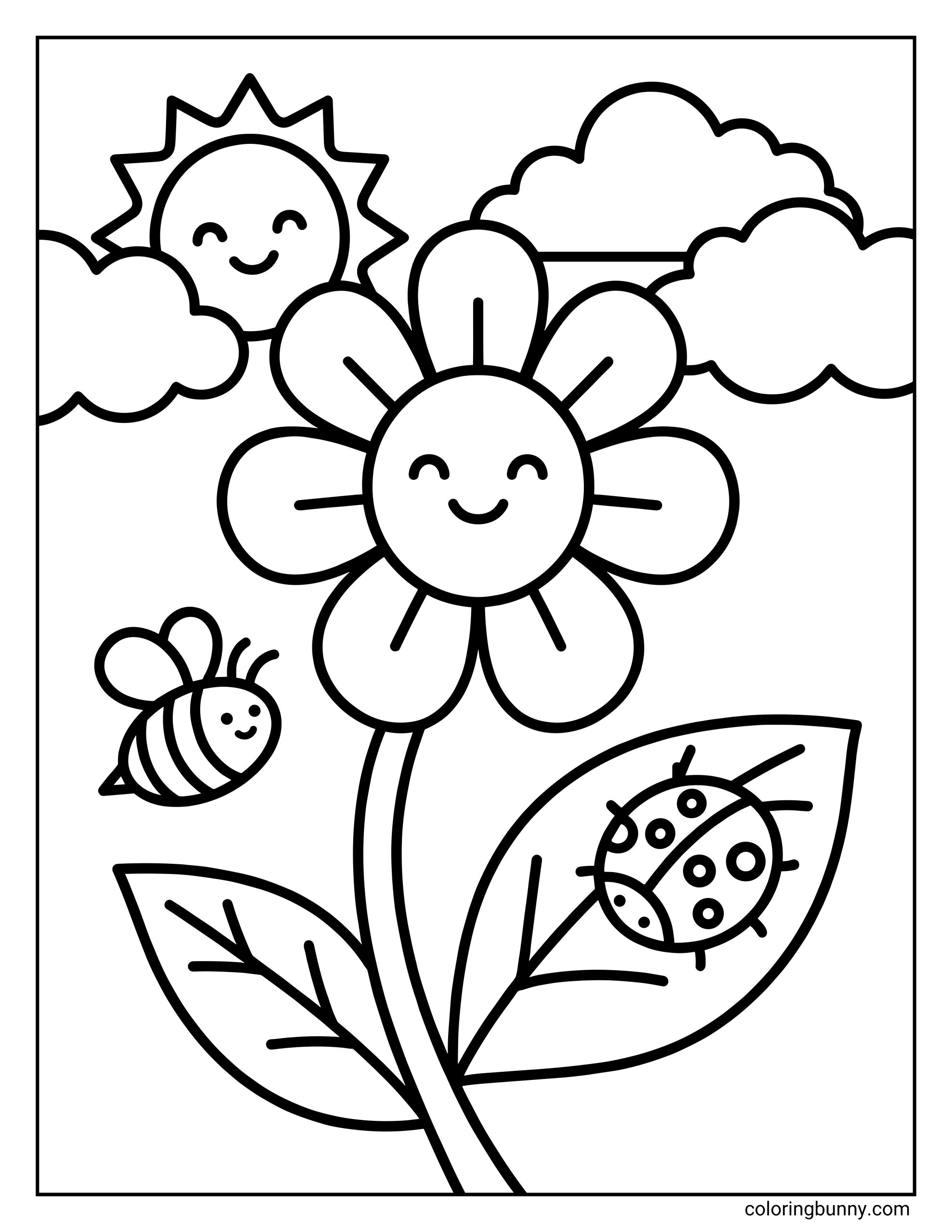 A simple Spring coloring page featuring a large smiling flower with a ladybug on its leaf, surrounded by a smiling sun, clouds, and a flying bee.