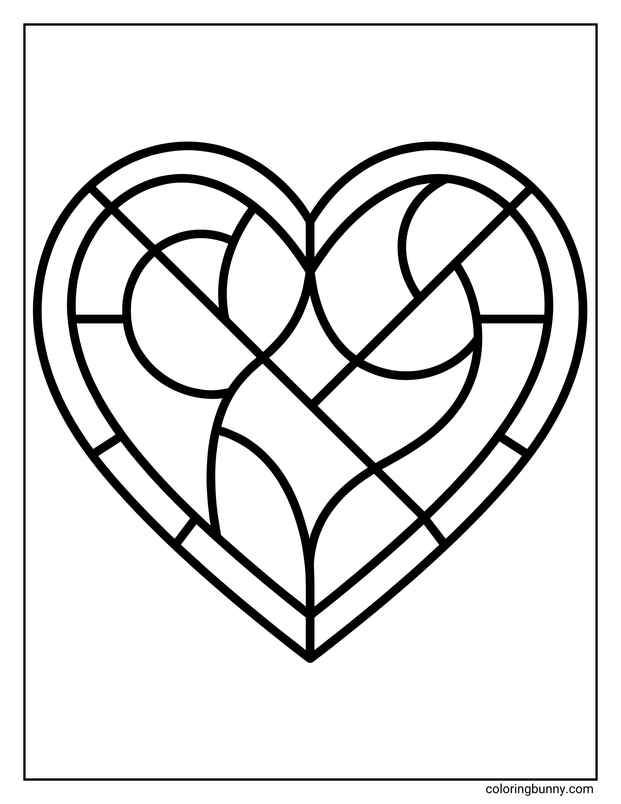A kids coloring page of a large heart-shaped stained glass window with bold black lines and separate segments for coloring.