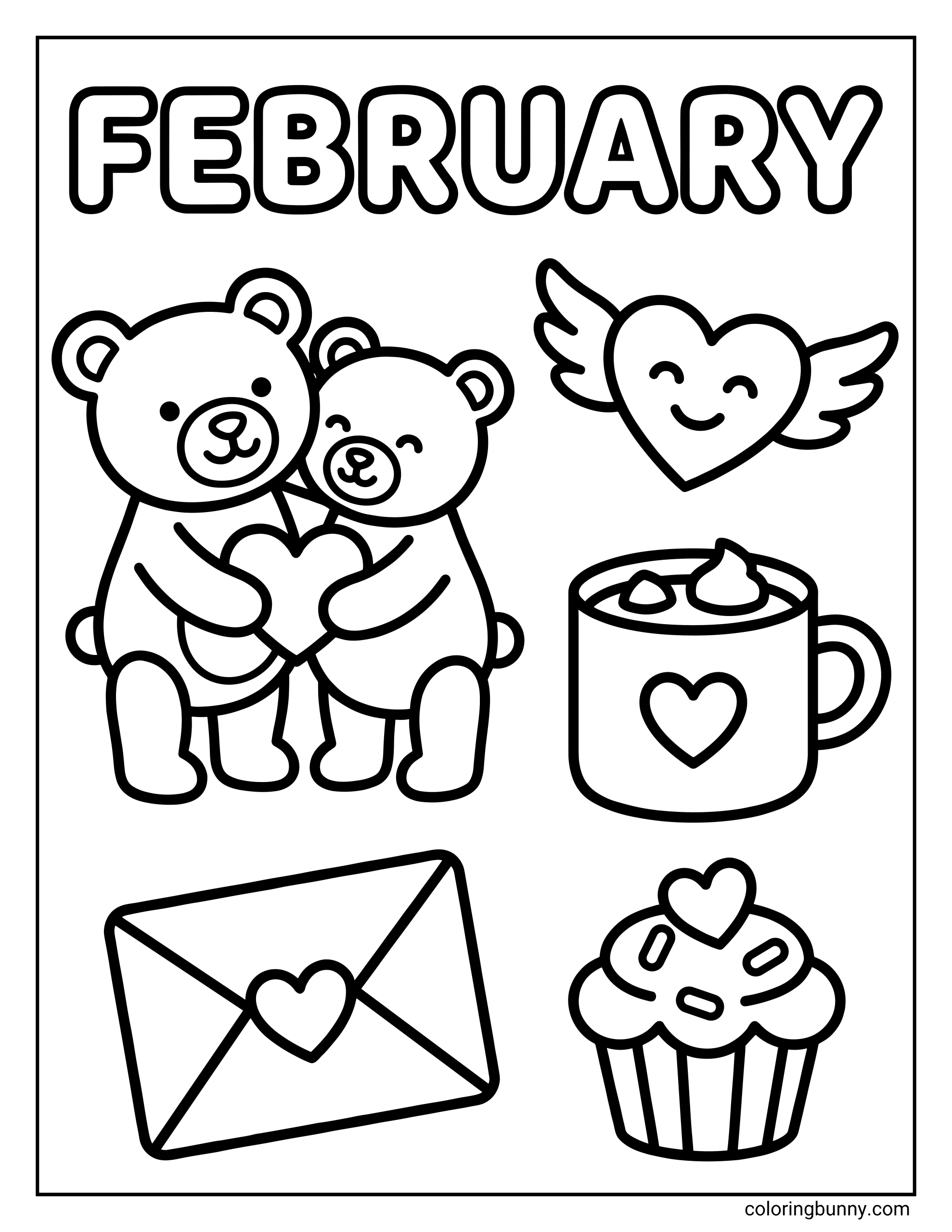 A coloring page with the word FEBRUARY at the top, featuring two teddy bears hugging a heart, a flying heart with wings, a mug of cocoa, a Valentine letter, and a cupcake.