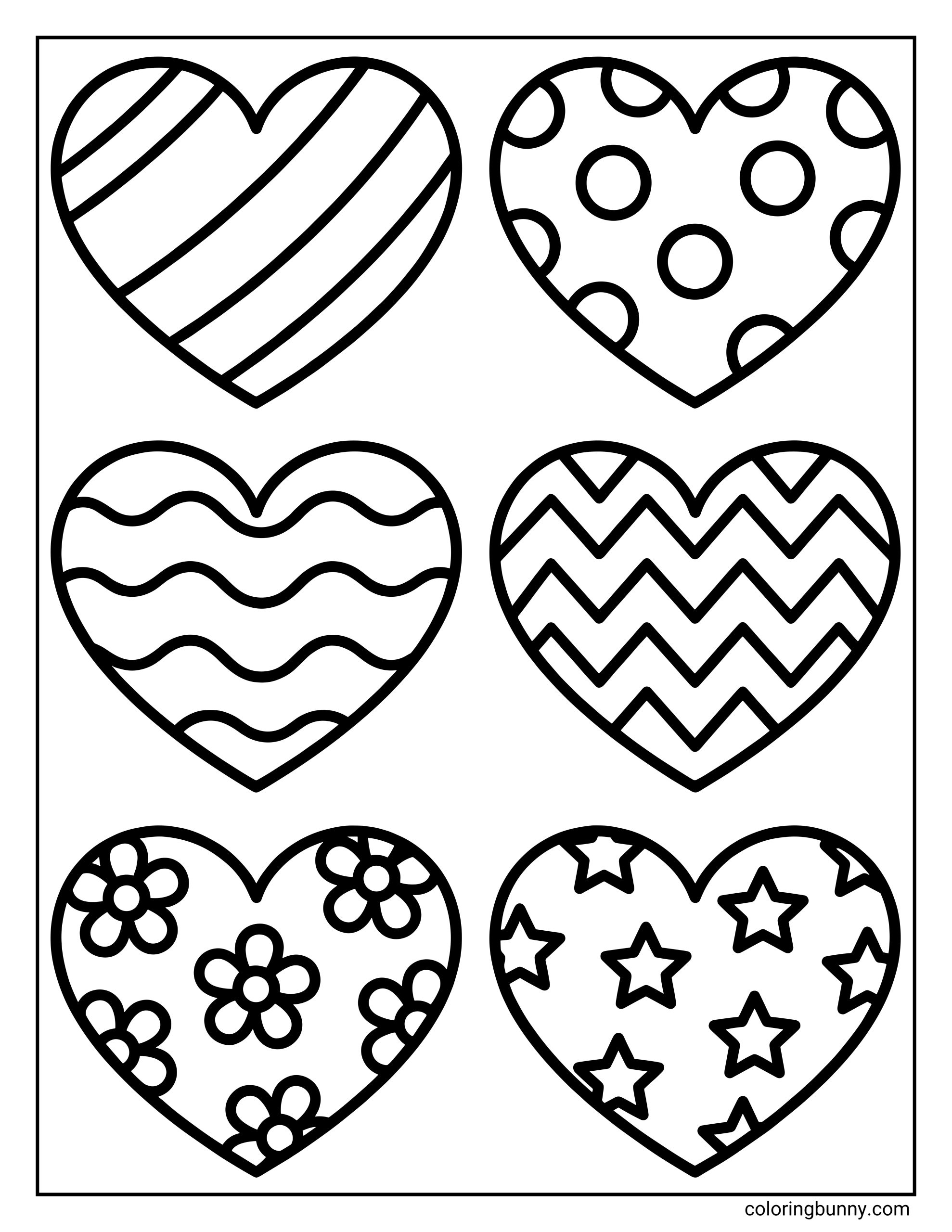 An easy coloring page featuring six hearts arranged in rows, each filled with a unique pattern like stripes, polka dots, waves, zig-zags, flowers, and stars.