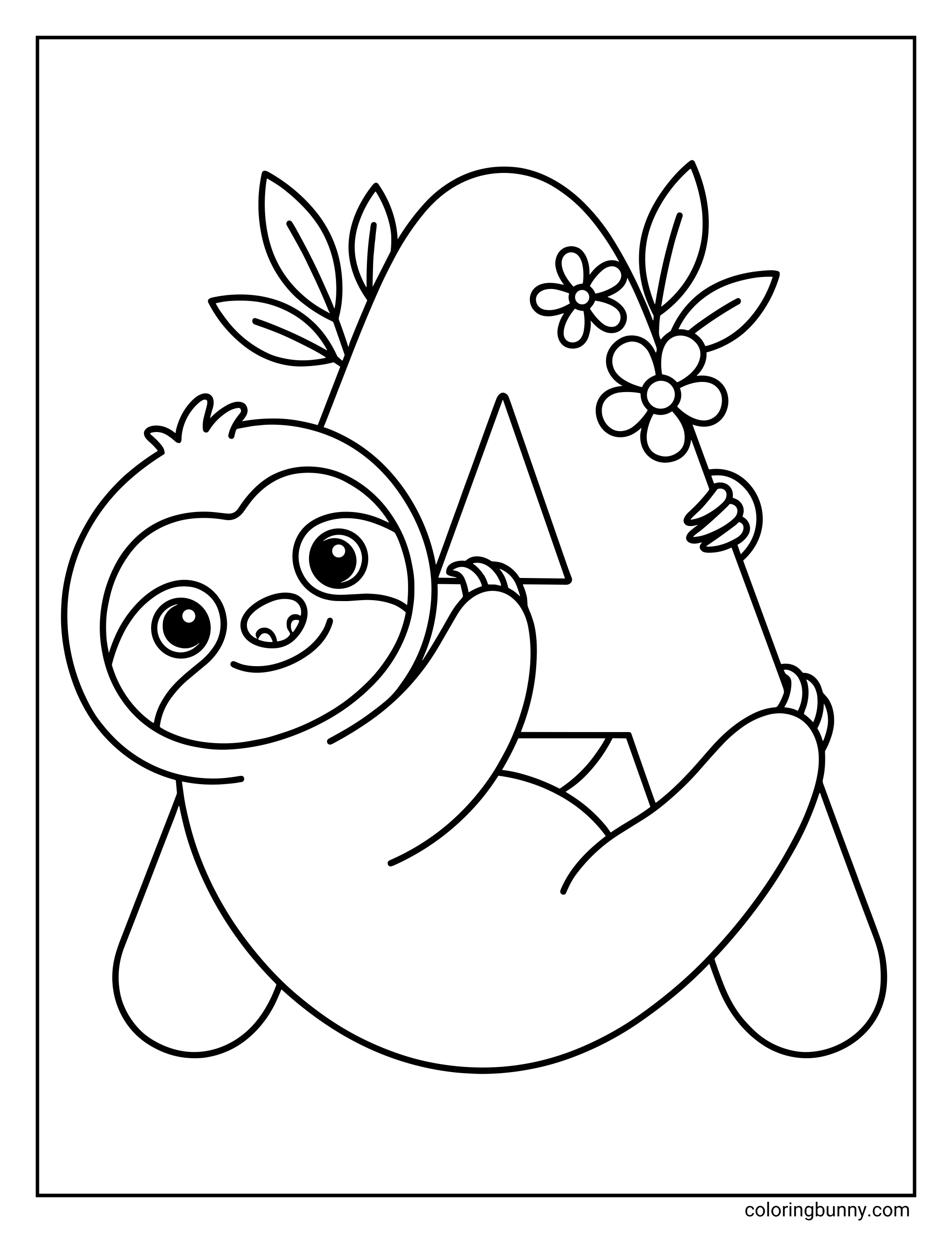 A Letter A coloring page of a cute, smiling sloth clinging to a large capital letter A decorated with small flowers and leaves.