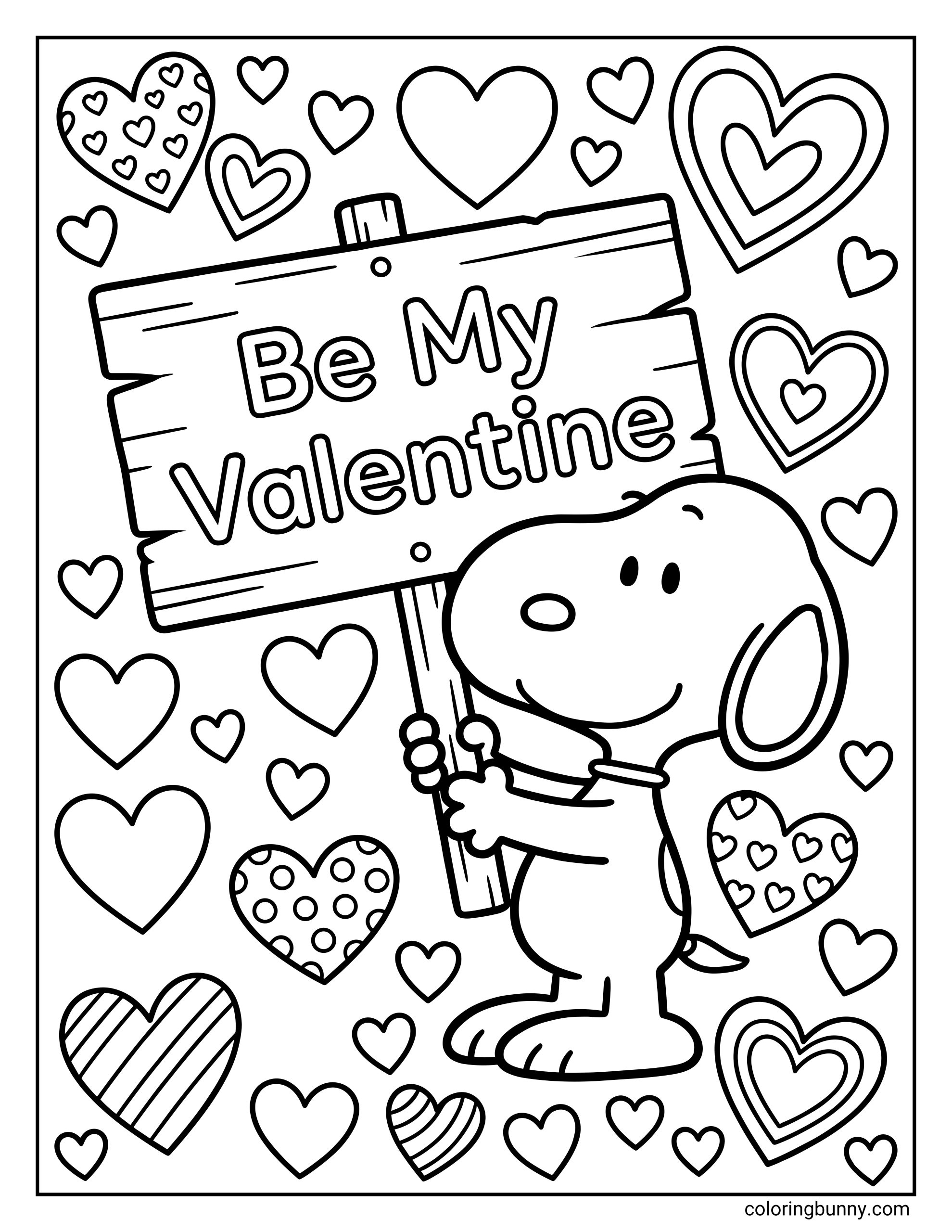 A Snoopy Valentine’s Day coloring page of Snoopy standing upright, smiling while holding a wooden sign that says “Be My Valentine,” surrounded by many hearts of different patterns like polka dots and stripes.