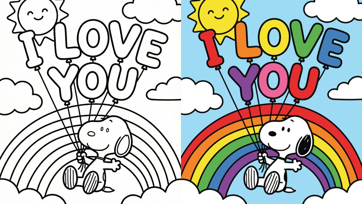 Snoopy Coloring Pages with Snoopy holding 'I LOVE YOU' balloons, and a rainbow and sun in the background.