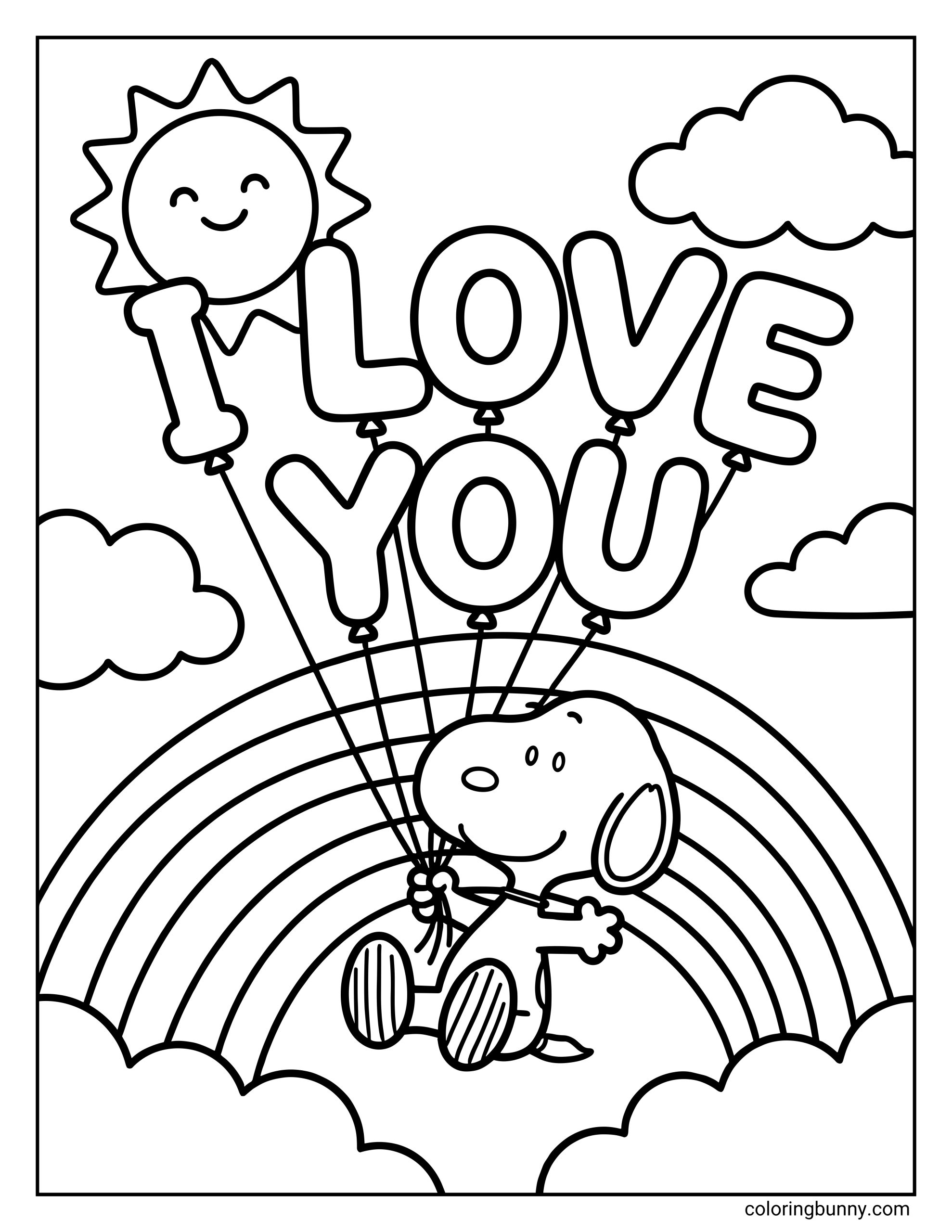 A Snoopy Valentine’s Day coloring page of Snoopy sitting on a cloud, smiling while holding balloons that spell “I LOVE YOU,” with a large rainbow and a smiling sun.