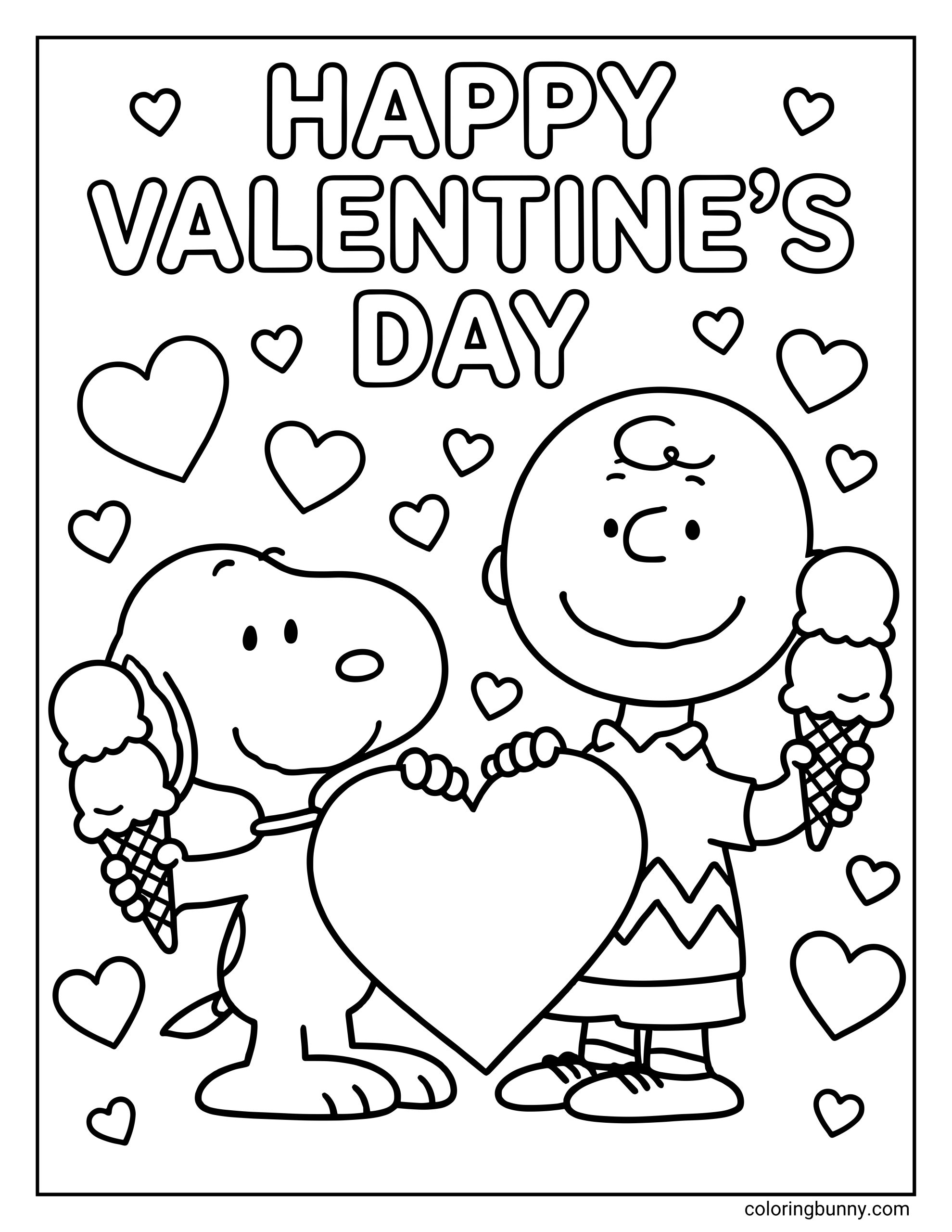 A Happy Valentine's Day coloring page of Snoopy and Charlie Brown standing together, smiling and holding a large heart between them, while each carries a double-scoop ice cream cone; the scene includes floating hearts and the words “HAPPY VALENTINE’S DAY” at the top in bold outlined letters.