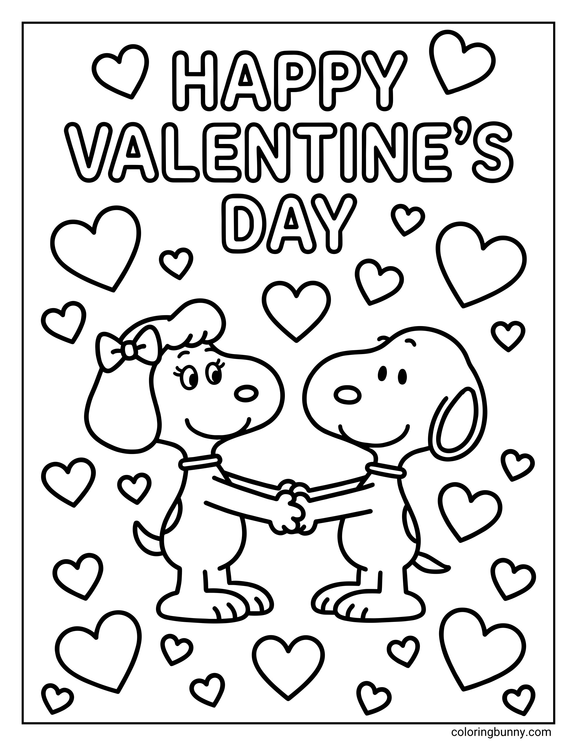 A Valentine’s Day coloring page of Snoopy and Fifi standing upright and holding paws, smiling at each other with multiple heart shapes around them and the words “HAPPY VALENTINE’S DAY” printed above in bold outlined letters.