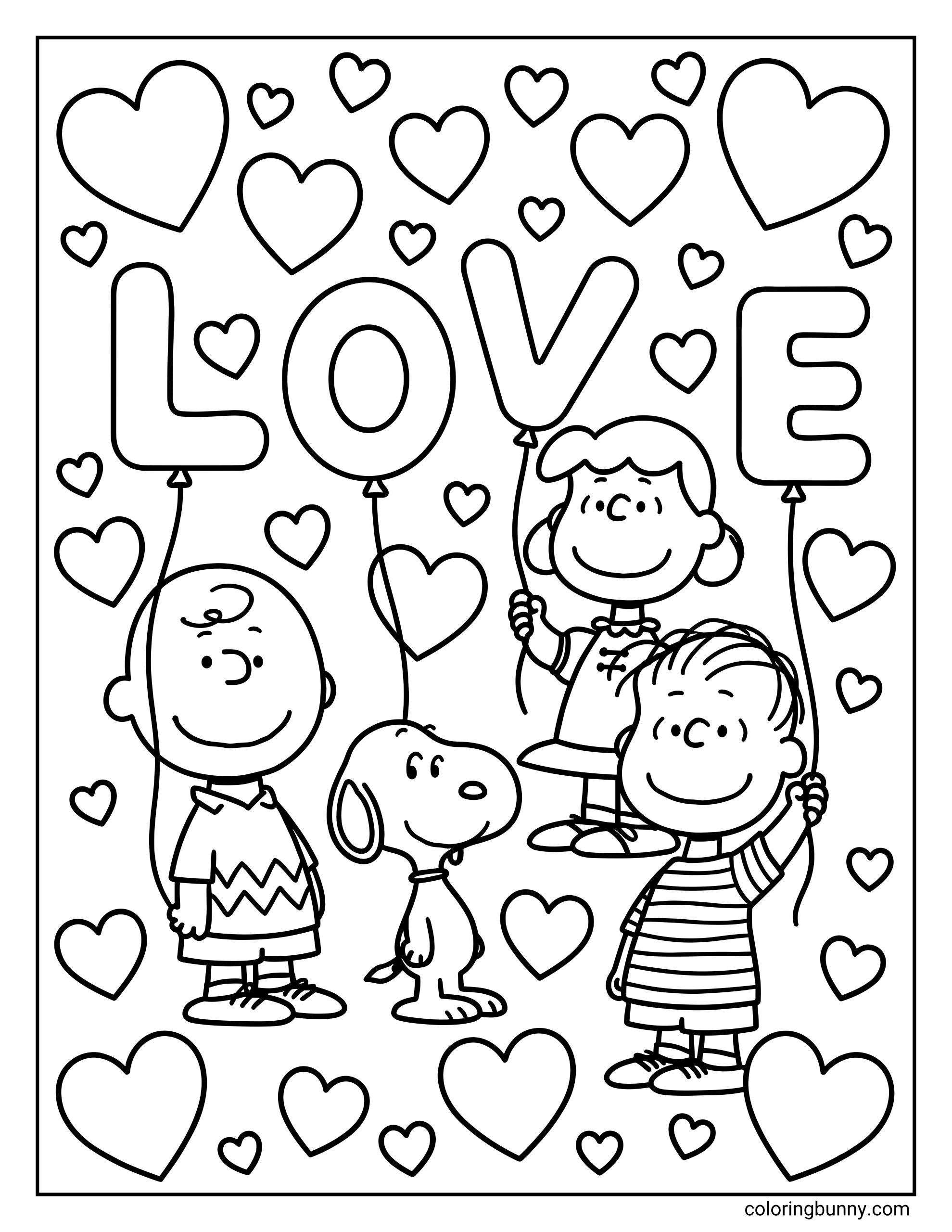 A Snoopy Valentine's Day coloring page featuring Charlie Brown, Snoopy, Lucy, and Linus standing in a line and smiling while holding balloons that spell "LOVE," with many hearts floating in the background.