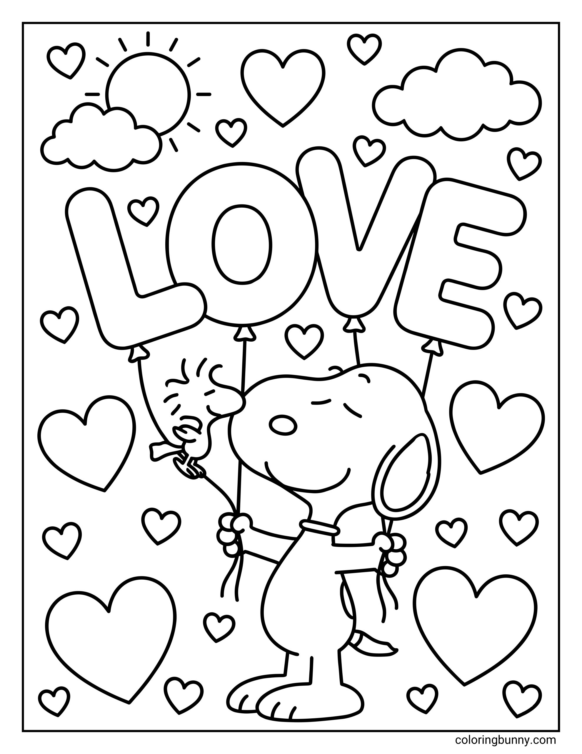 A Snoopy Valentine's Day coloring page of Snoopy holding balloons that spell "LOVE" while Woodstock kisses him on the nose. The sky around them is filled with hearts, clouds, and a happy, smiling sun.
