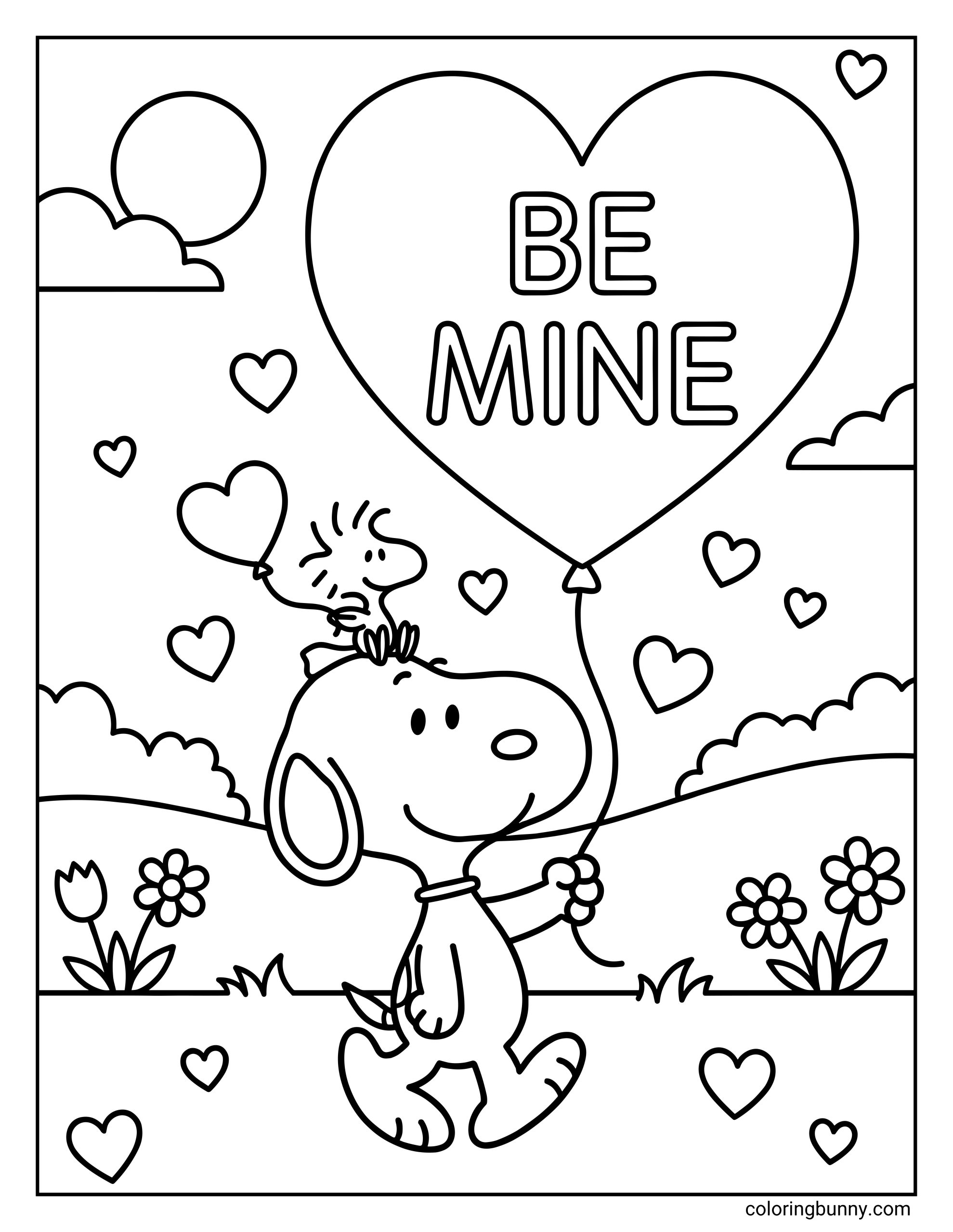 A Snoopy love coloring page of Snoopy walking through a field of flowers and hearts, holding a large heart-shaped balloon that says “BE MINE,” with Woodstock sitting on his head holding a smaller heart balloon, under a sun and clouds.