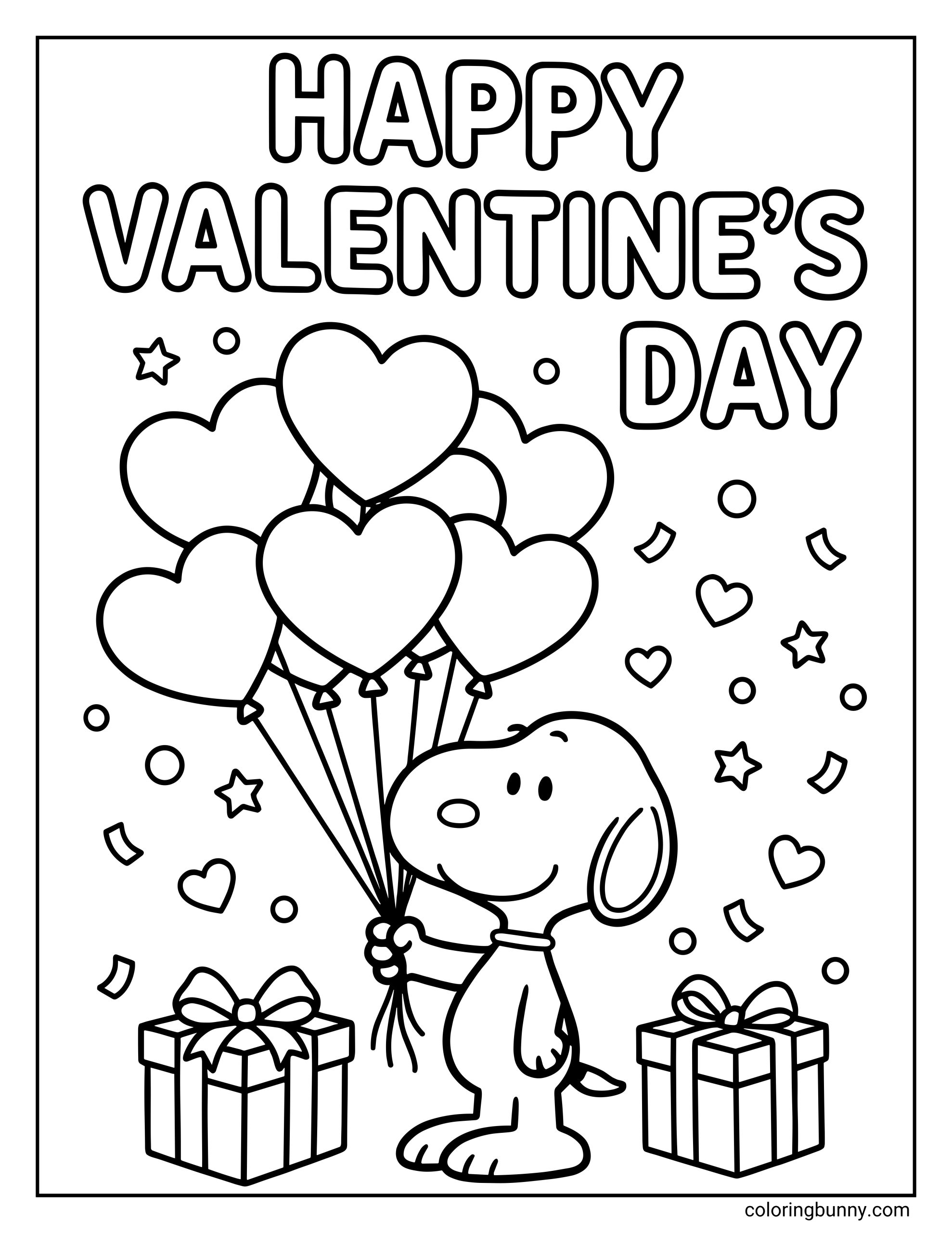 A Valentine’s Day coloring page of Snoopy standing upright, smiling while holding a large bunch of heart balloons, with gift boxes and confetti around him and the words “Happy Valentine’s Day” printed above in bold outlined letters.