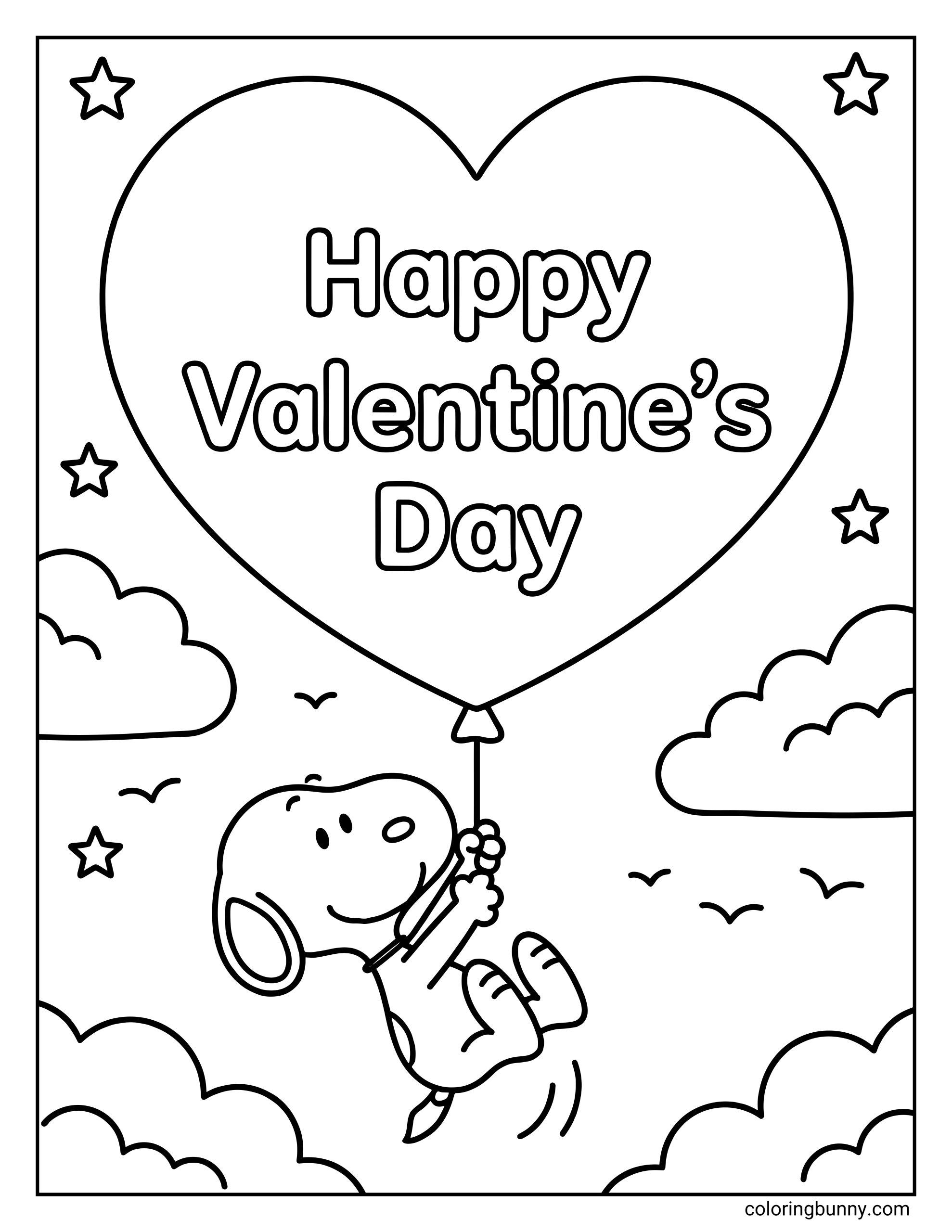 A Valentine’s Day coloring page of Snoopy floating in the sky while holding onto a giant heart-shaped balloon with the words “Happy Valentine’s Day” printed inside in bold outlined letters, surrounded by clouds and stars.