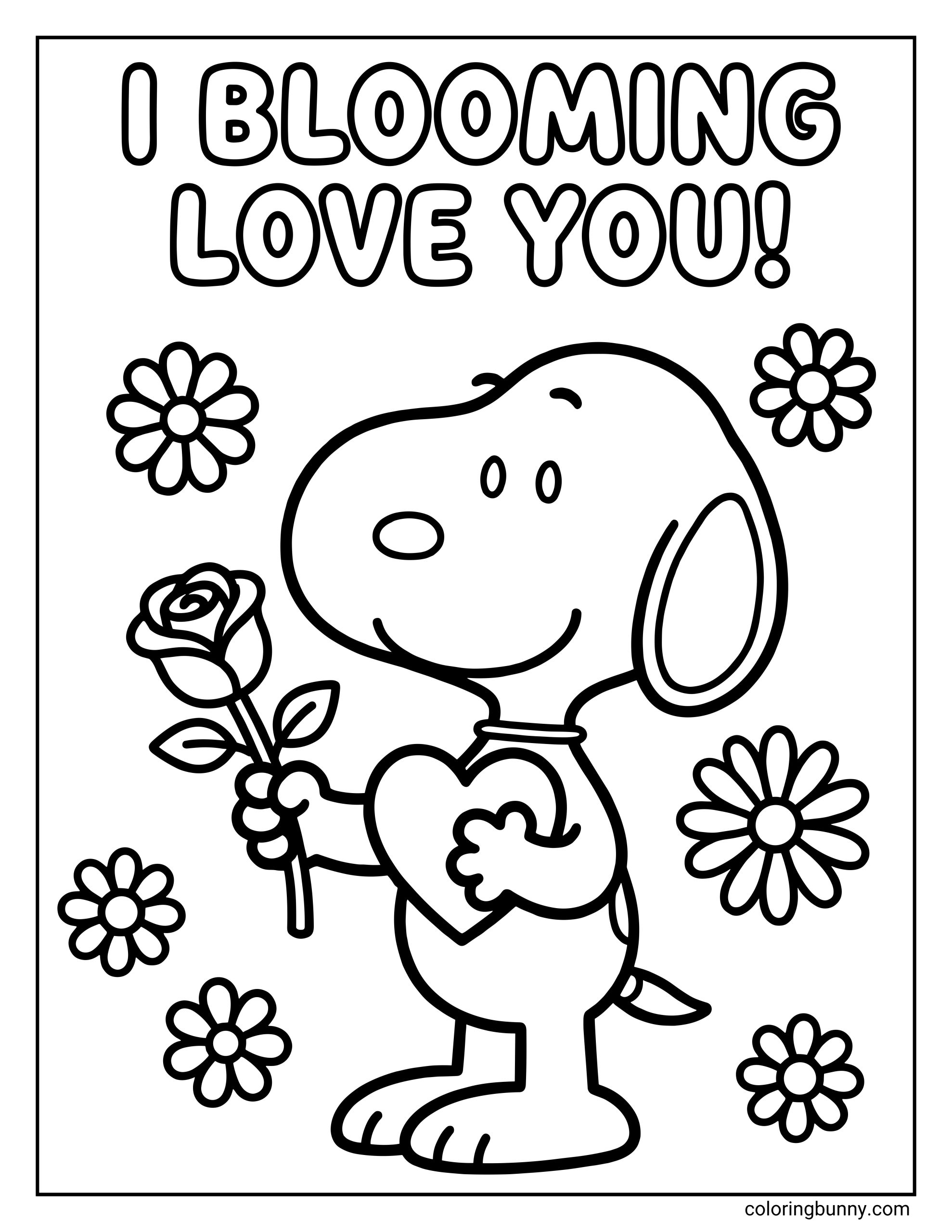 A Snoopy Valentine’s Day coloring page of Snoopy standing upright, smiling while holding a rose and a small heart, with multiple flower shapes around him and the words “I BLOOMING LOVE YOU!” printed above in bold outlined letters.