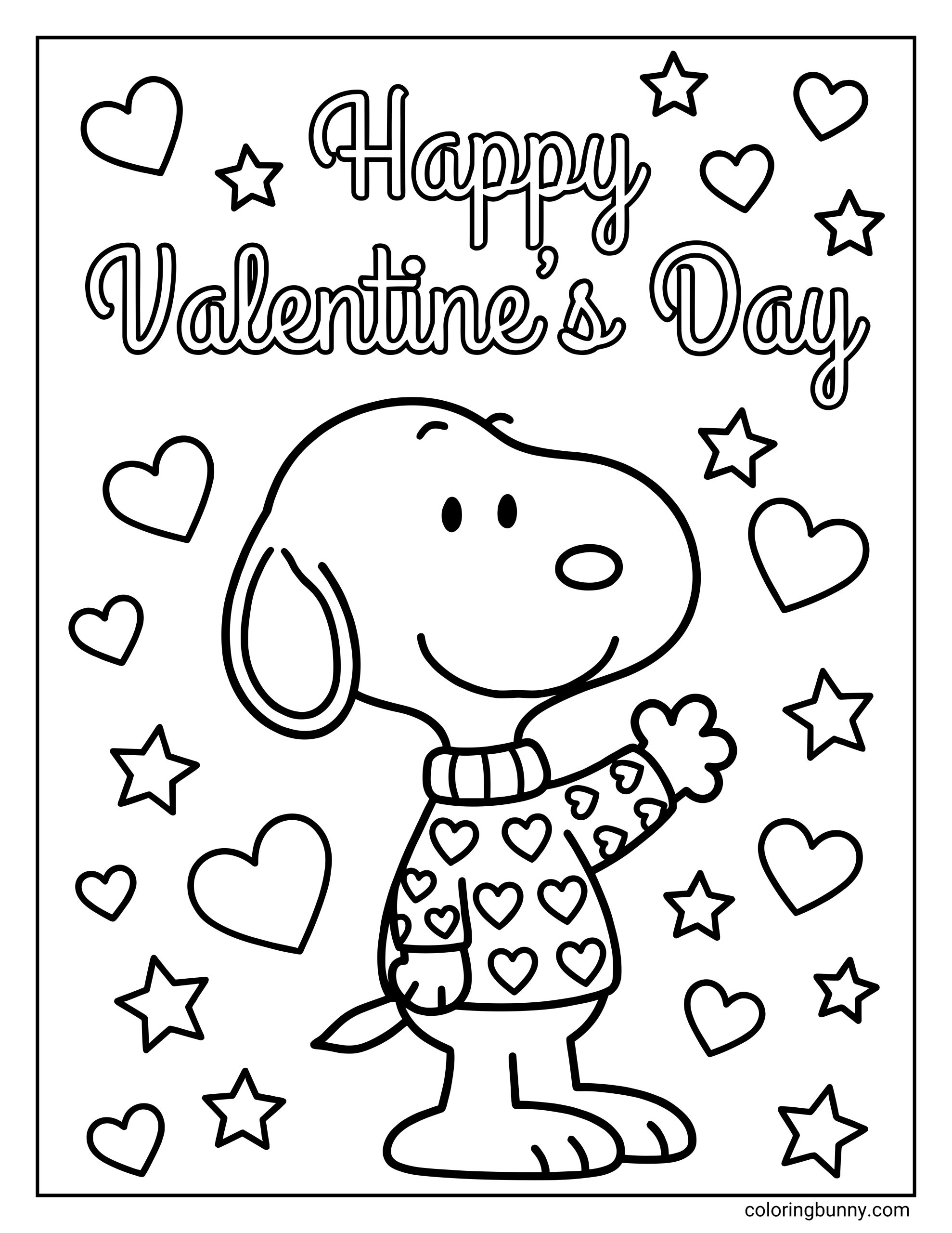 A Valentine’s Day coloring page of Snoopy standing upright, smiling while wearing a heart-patterned sweater and waving, with multiple heart and star shapes around him and the words “Happy Valentine’s Day” printed above in outlined script letters.