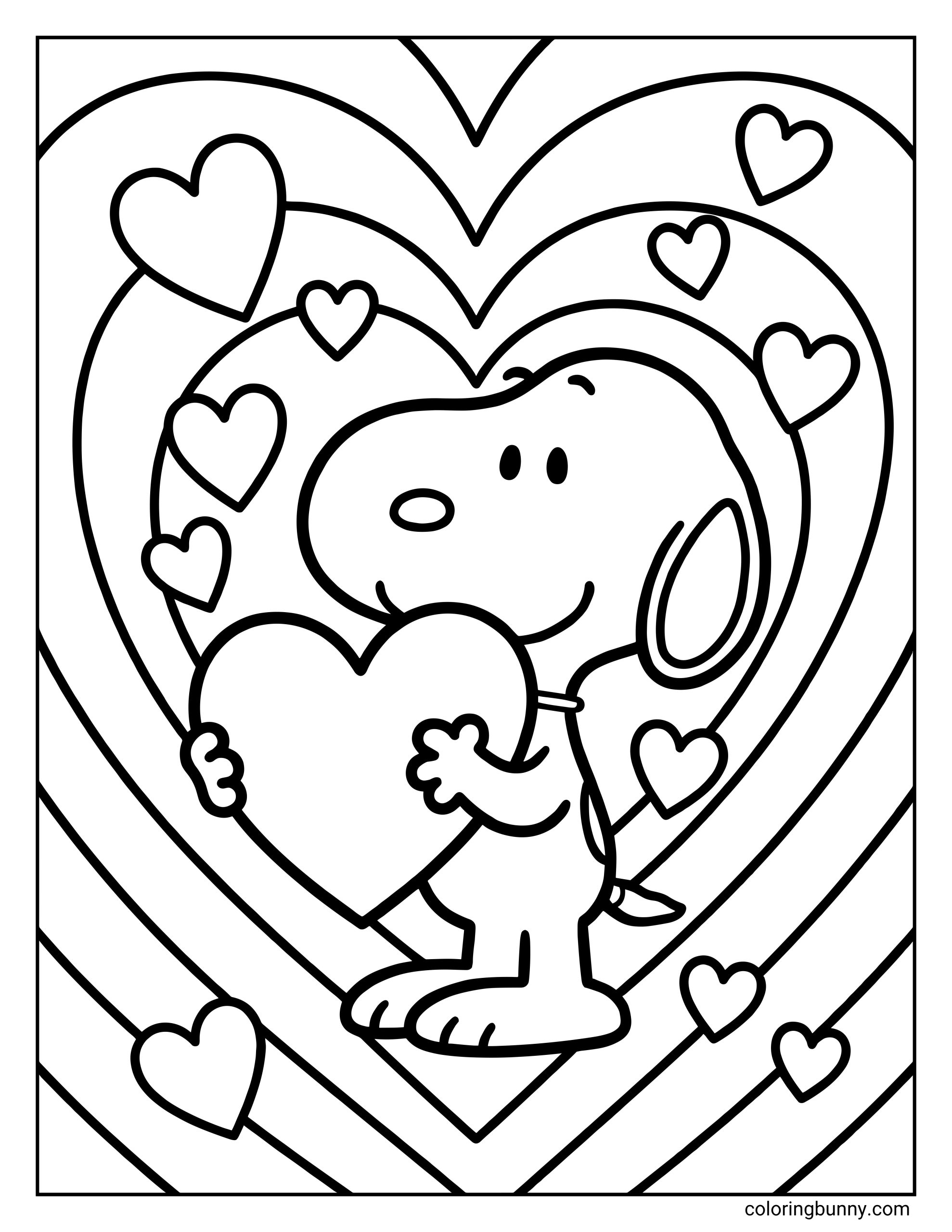 A coloring page of Snoopy standing upright, smiling while holding a large heart, with multiple radiating heart outlines and smaller hearts floating around him.