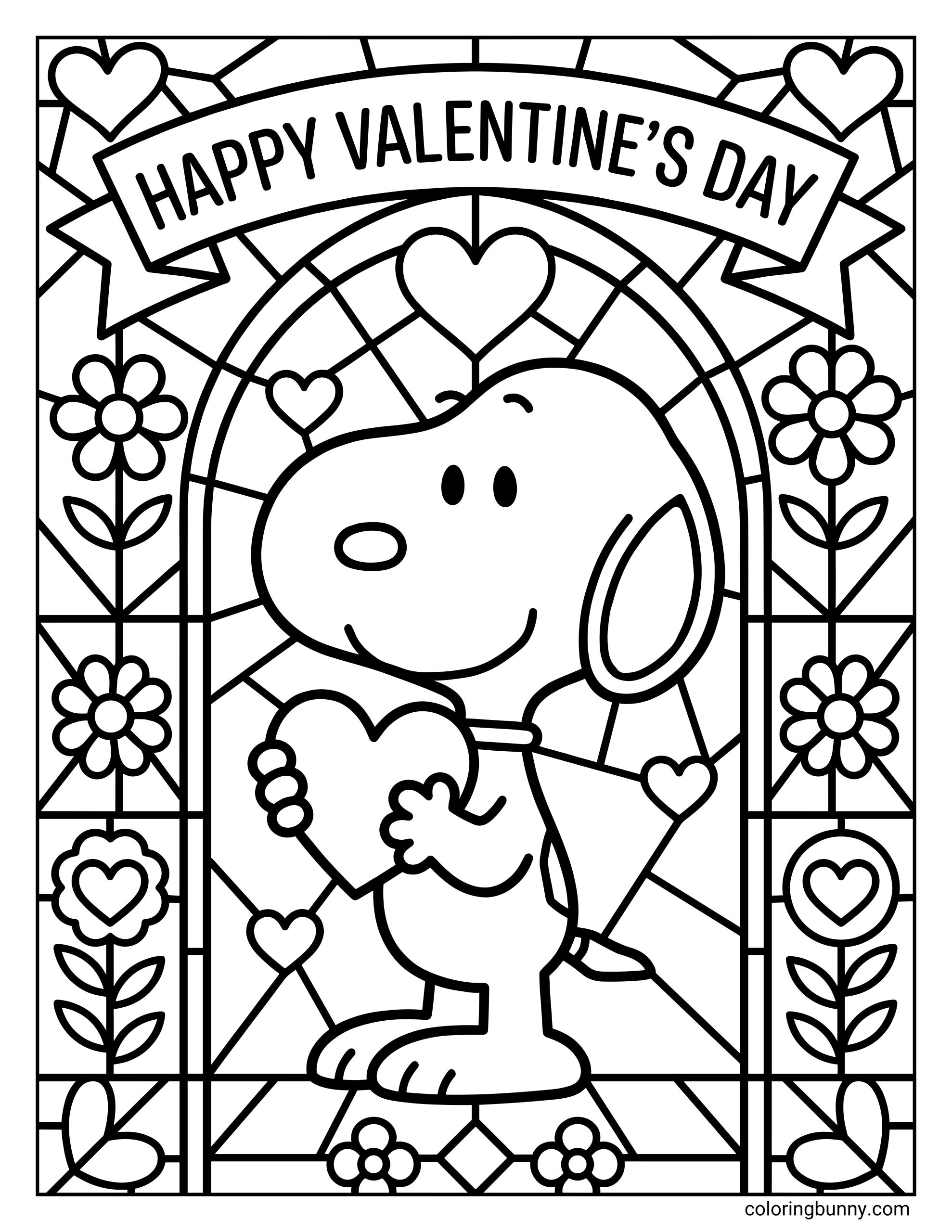 A coloring page of Snoopy standing upright, smiling while holding a heart, inside a stained glass window frame with hearts and flowers and the words “HAPPY VALENTINE'S DAY” printed above in bold outlined letters.