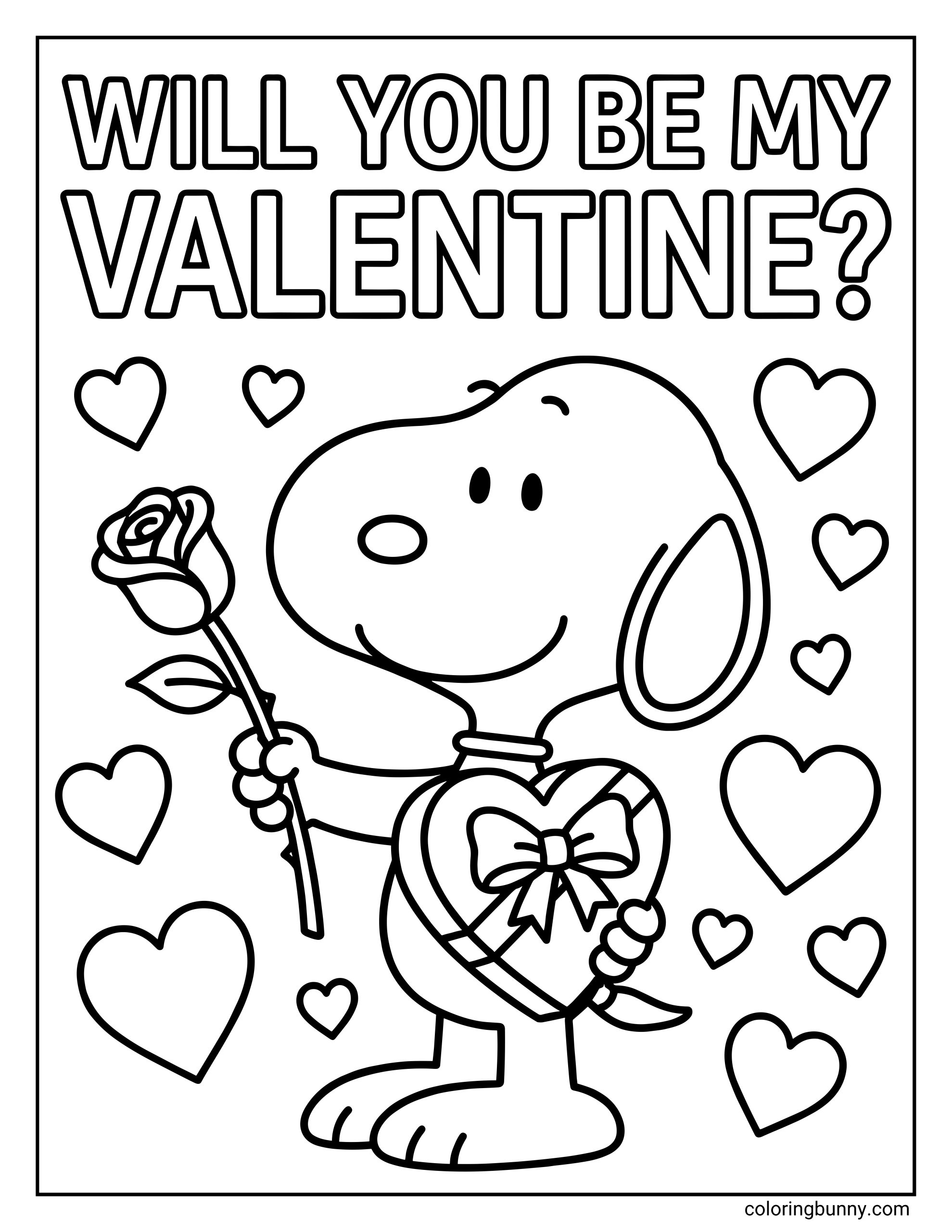 A Valentine’s Day coloring page of Snoopy standing upright, smiling while holding a rose and a heart-shaped box of chocolates, with multiple heart shapes around him and the words “Will You Be My Valentine?” printed above in bold outlined letters.