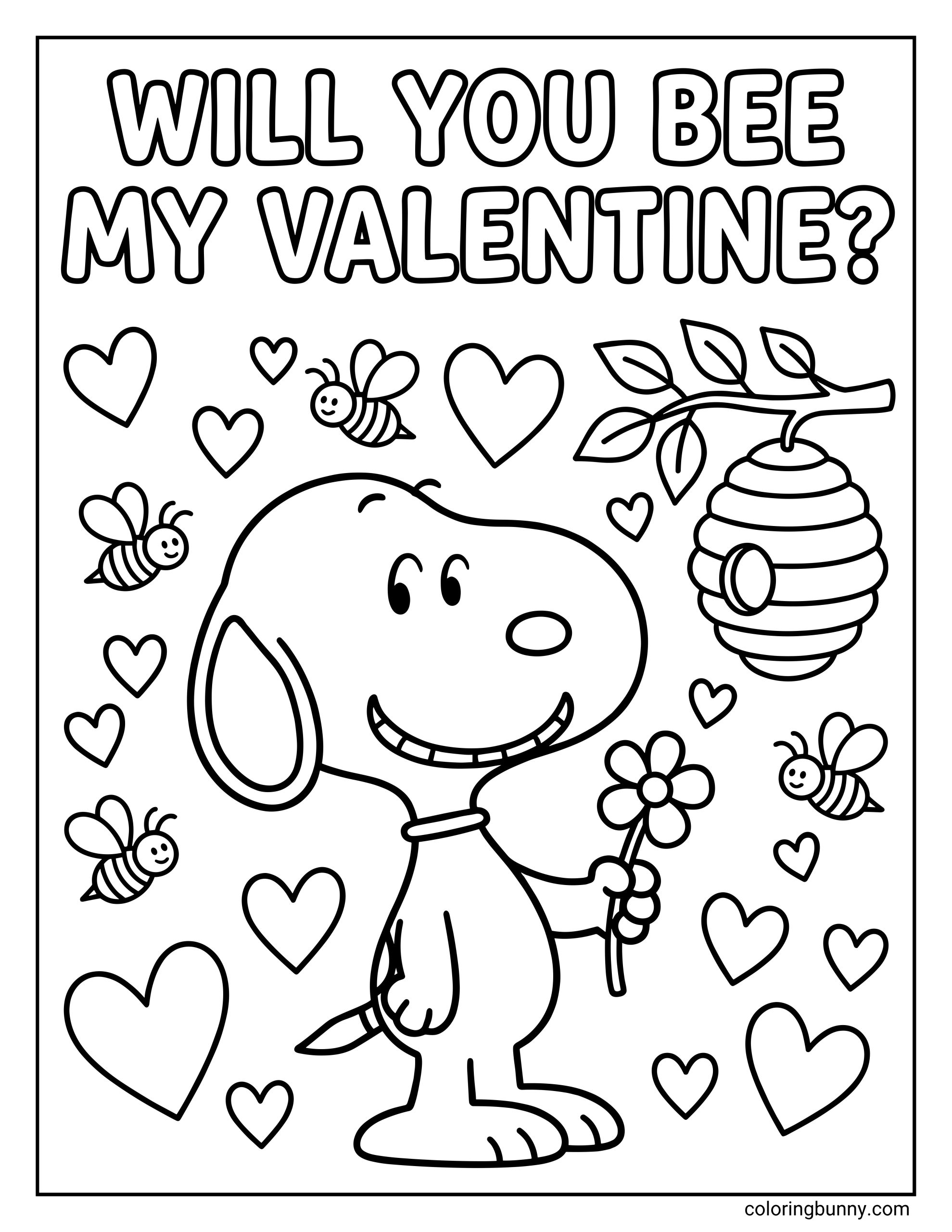 A Valentine’s Day coloring page showing Snoopy standing and holding a flower, surrounded by heart shapes, flying bees, and a hanging beehive, with the words “Will You Bee My Valentine?” displayed at the top in large outlined letters.