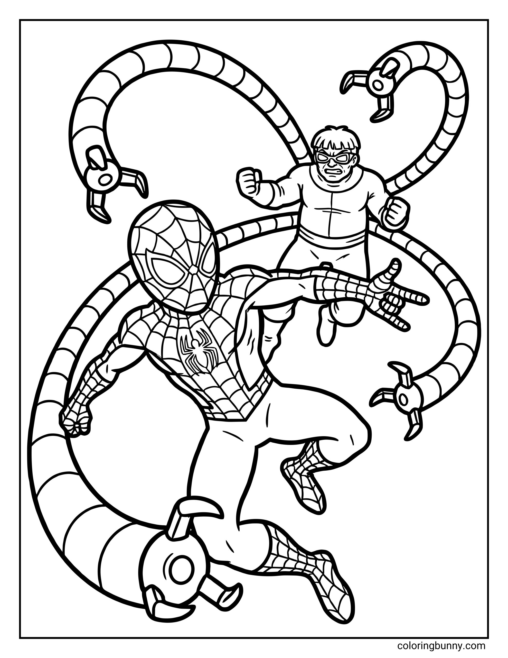 A coloring page showing Spider-Man leaping through the air to escape Doctor Octopus and his four mechanical tentacles.