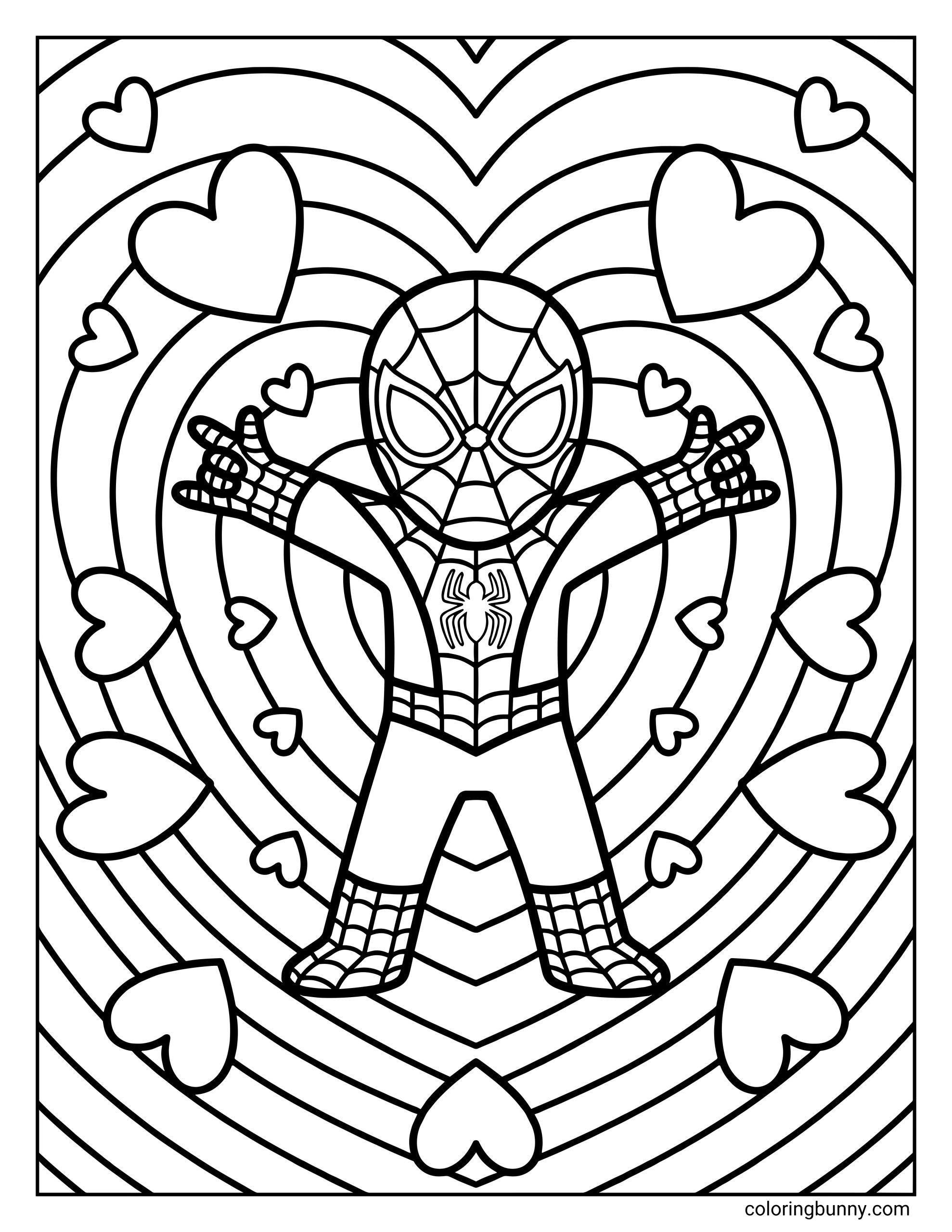 A Spider-Man coloring page features a cute chibi Spiderman standing with arms wide open against a background of concentric hearts and floating heart icons.