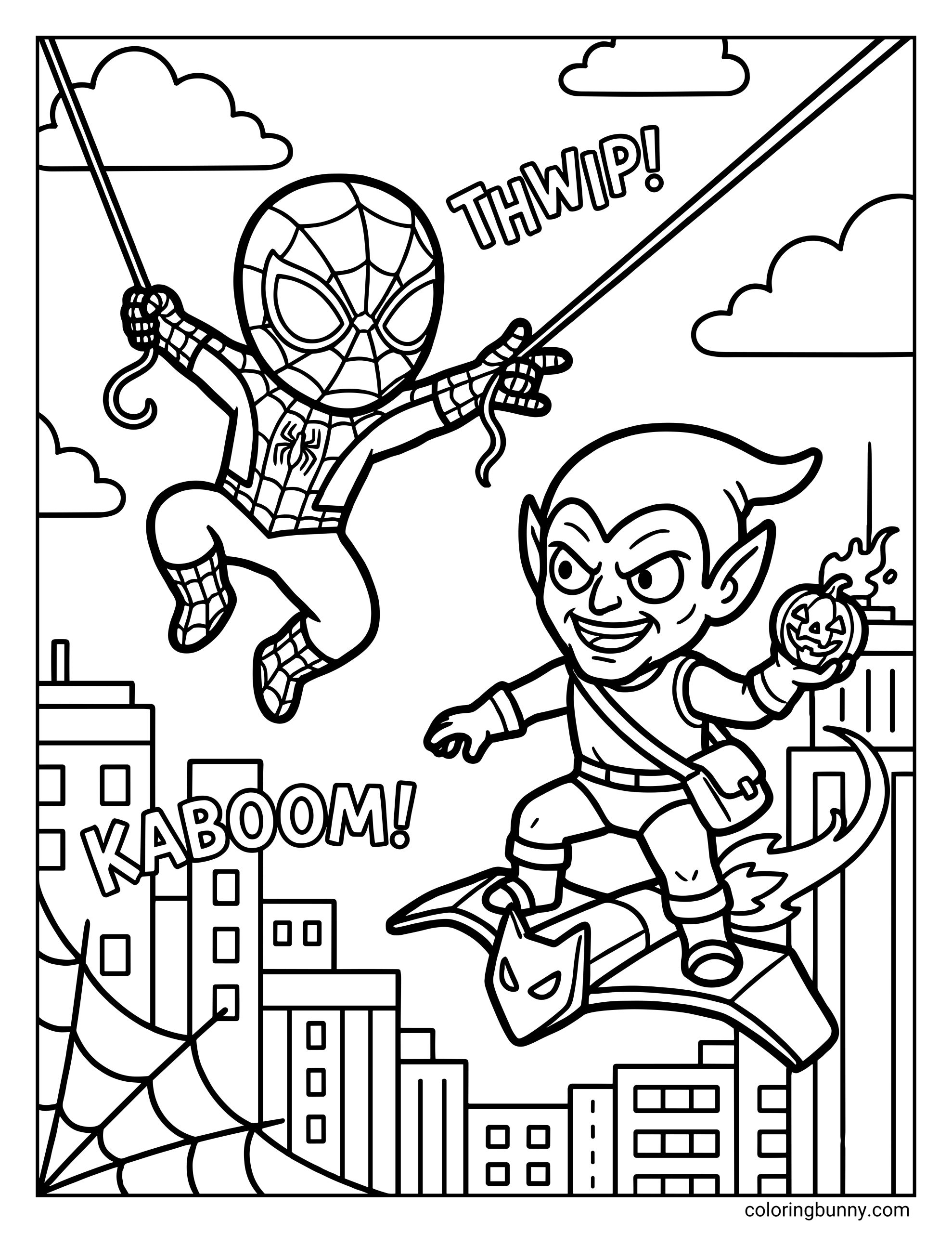 A Spider-Man coloring page showing a chibi-style Spider-Man swinging on webs above a chibi Green Goblin riding his glider over city buildings.