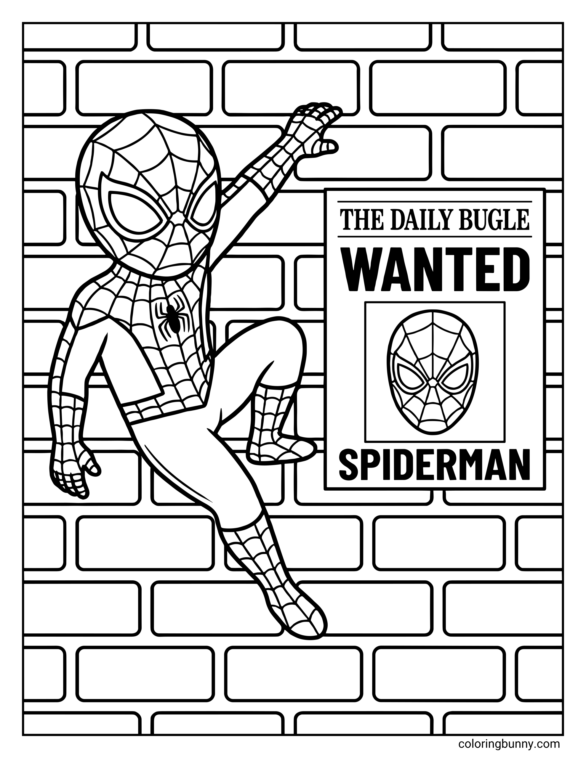 A coloring page of a chibi Spider-Man climbing a brick wall next to a Daily Bugle poster featuring a "WANTED" headline and a picture of his mask.