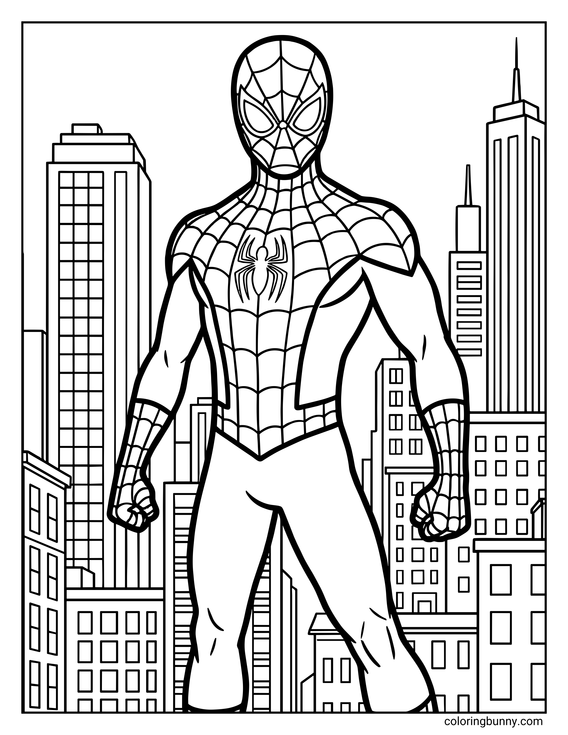 A coloring page of Spider-Man in a heroic pose, standing in front of a detailed city skyline with many tall skyscrapers.