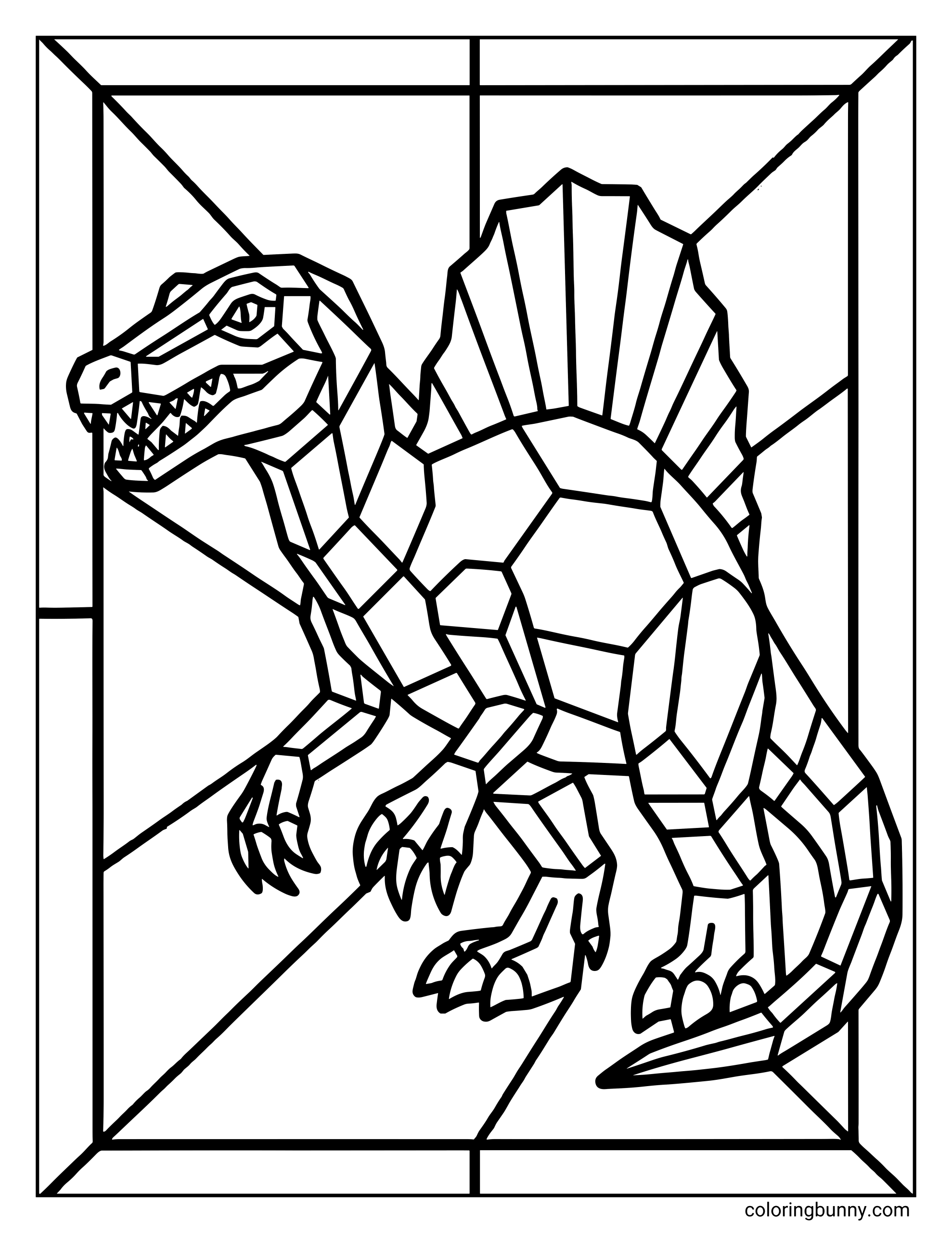 A Spinosaurus dinosaur stained glass coloring page featuring a powerful Spinosaurus with a large sail on its back, divided into bold geometric sections and framed in a stained-glass-style border.