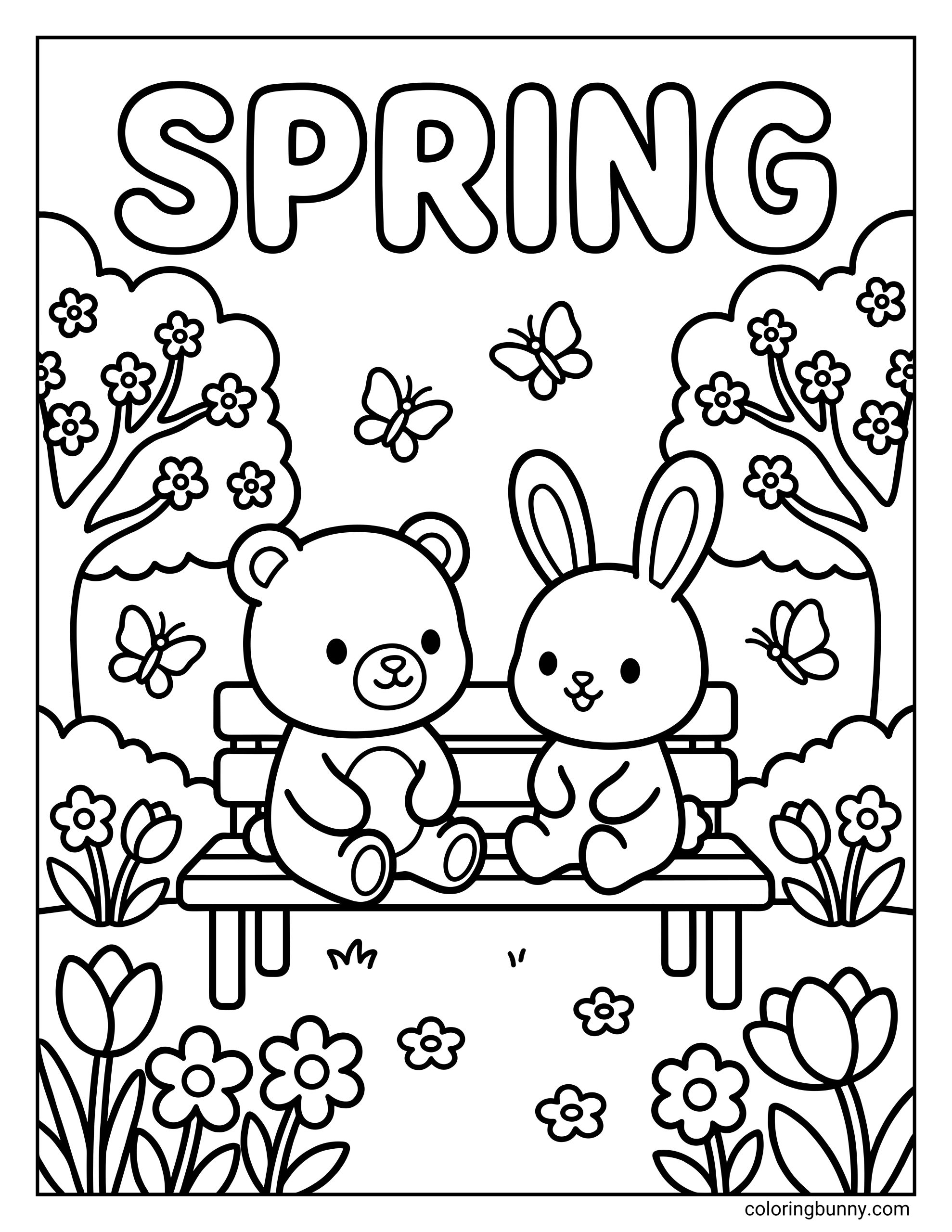 A Spring coloring page featuring a bear and a rabbit sitting on a bench in a park with trees and flowers under the word "SPRING."