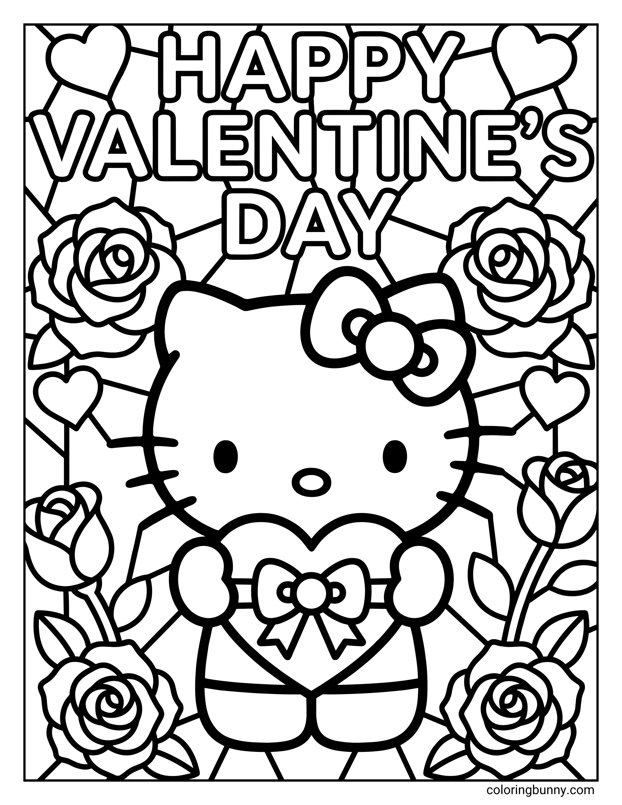 A coloring page of Hello Kitty holding a heart with a bow, surrounded by roses and a geometric stained-glass pattern with the words 'HAPPY VALENTINE'S DAY'.