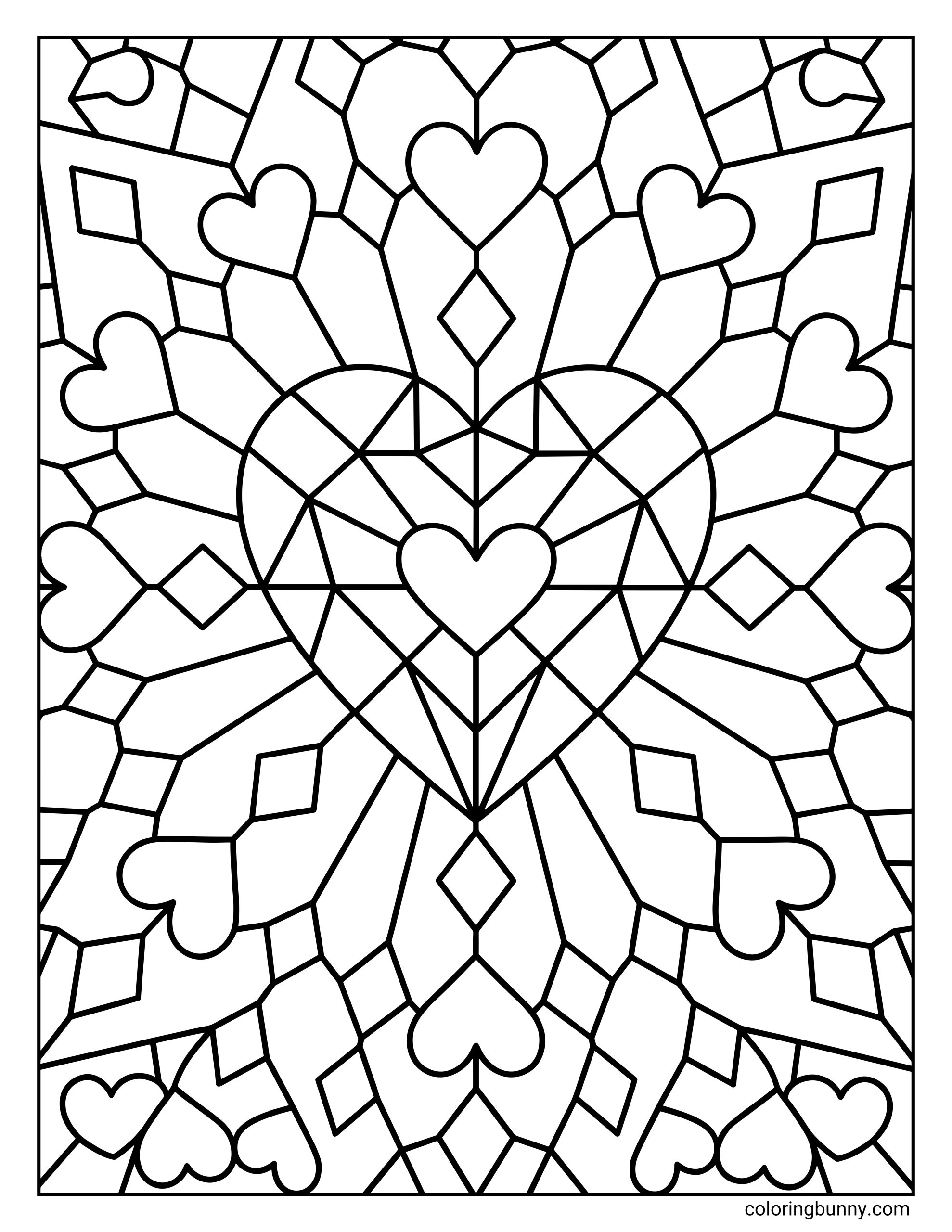 An intricate heart coloring sheet displaying a beautiful stained glass pattern with multiple hearts and mosaic-style geometric shapes.