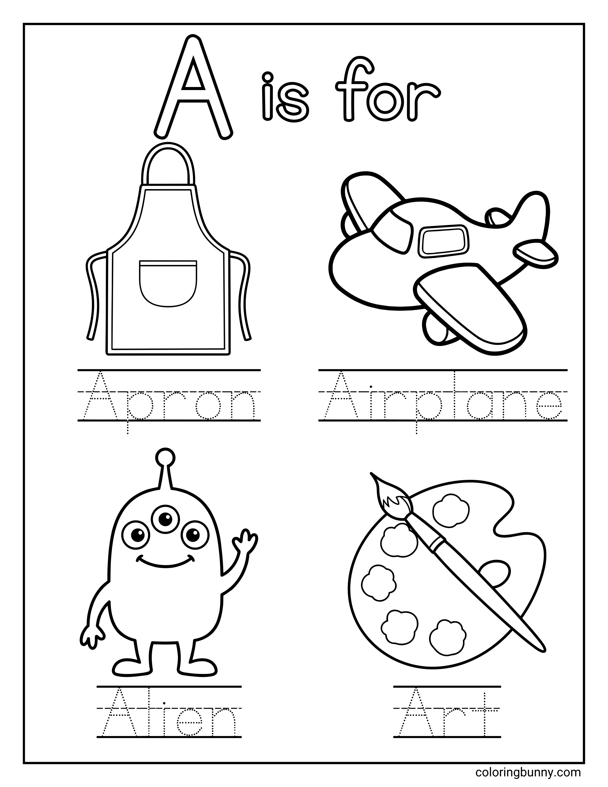 Letter A coloring page showing four objects that start with the letter A: an apron, an airplane, a friendly alien, and an artist’s paint palette with a brush. The page includes the text “A is for” at the top and dotted tracing lines below each illustration to practice writing the words.