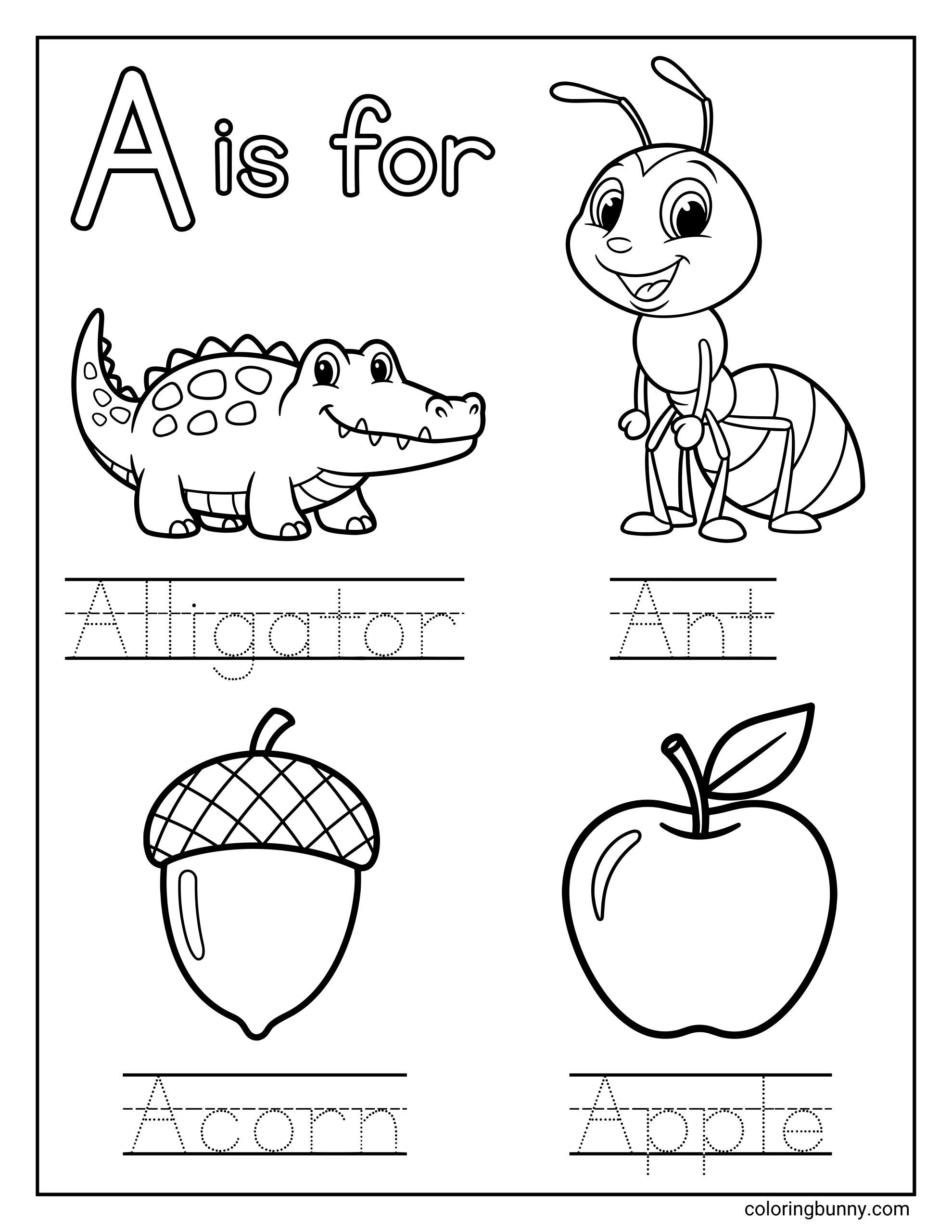 Letter A coloring page featuring multiple objects that start with the letter A, including a cartoon alligator, a smiling ant, an acorn, and an apple. The page includes the text “A is for” at the top and dotted tracing lines under each illustration to practice writing the words.