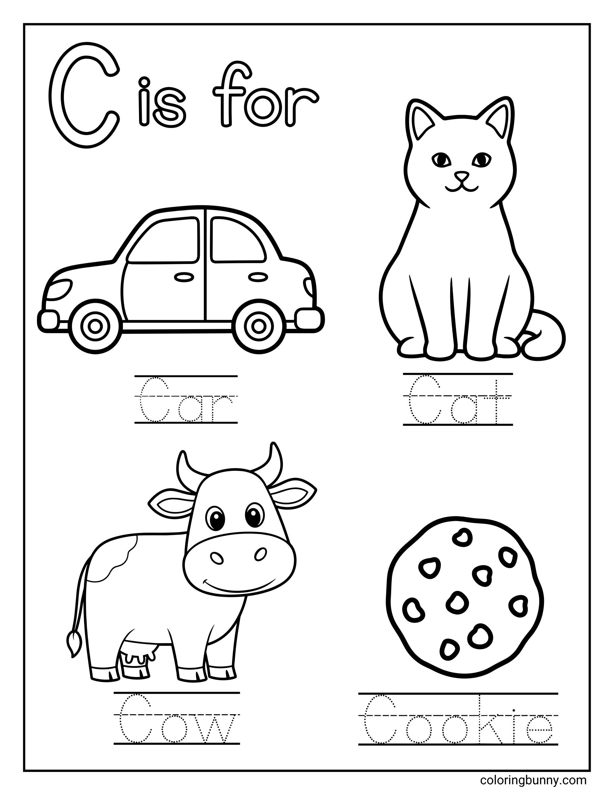 A Letter C coloring page showing the phrase “C is for” alongside a large uppercase letter C, with four clear illustrations representing common C words. The page features a simple car, a sitting cat, a friendly cow, and a cookie with chocolate chips, each paired with dotted tracing lines for the words “Car,” “Cat,” “Cow,” and “Cookie” to support early handwriting practice.