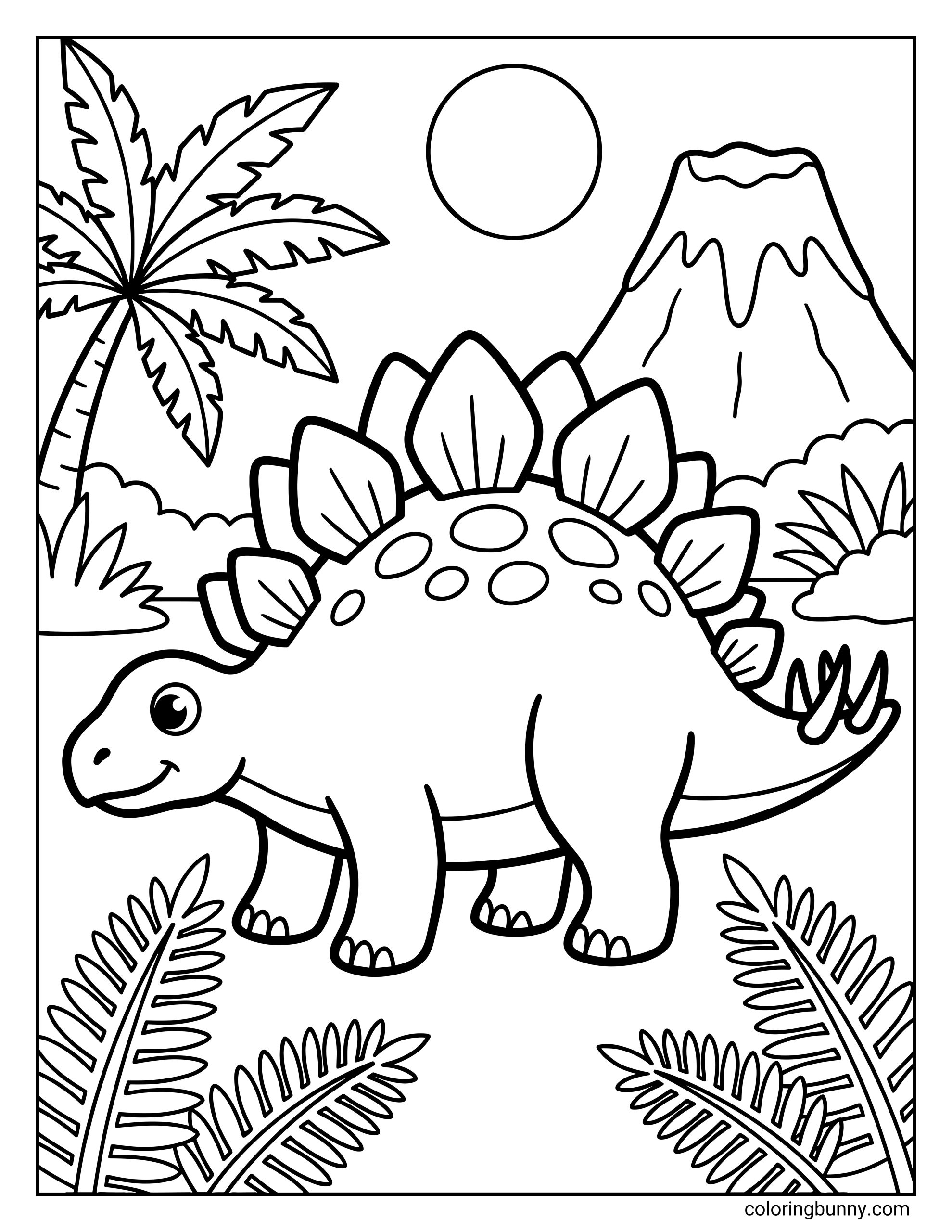 A cute stegosaurus dinosaur coloring page set in a Jurassic landscape, featuring a smiling stegosaurus with back plates, palm trees, plants, and a volcano in the background.
