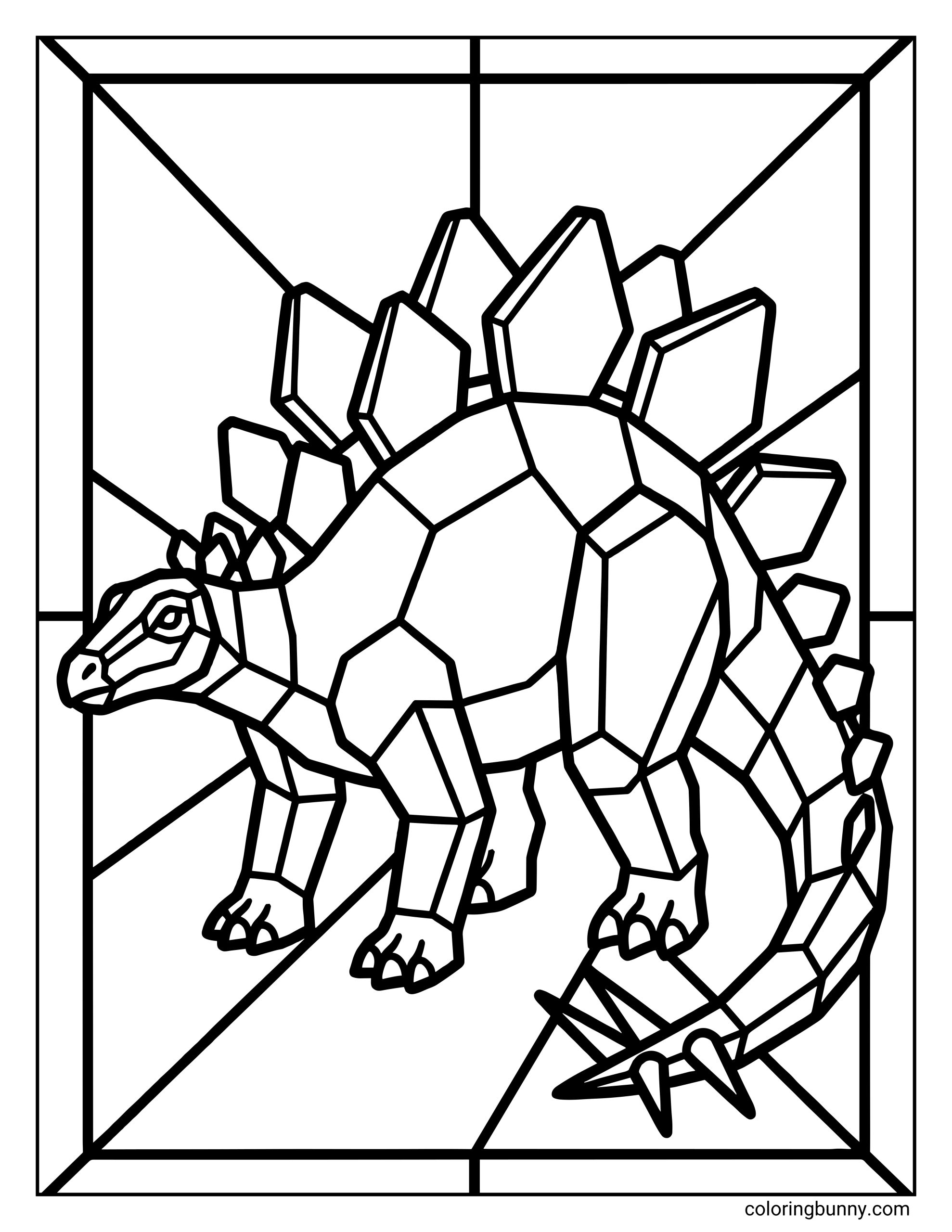 A Stegosaurus dinosaur stained glass coloring page showing a sturdy Stegosaurus with large back plates and a spiked tail, divided into bold geometric sections within a stained-glass-style frame.