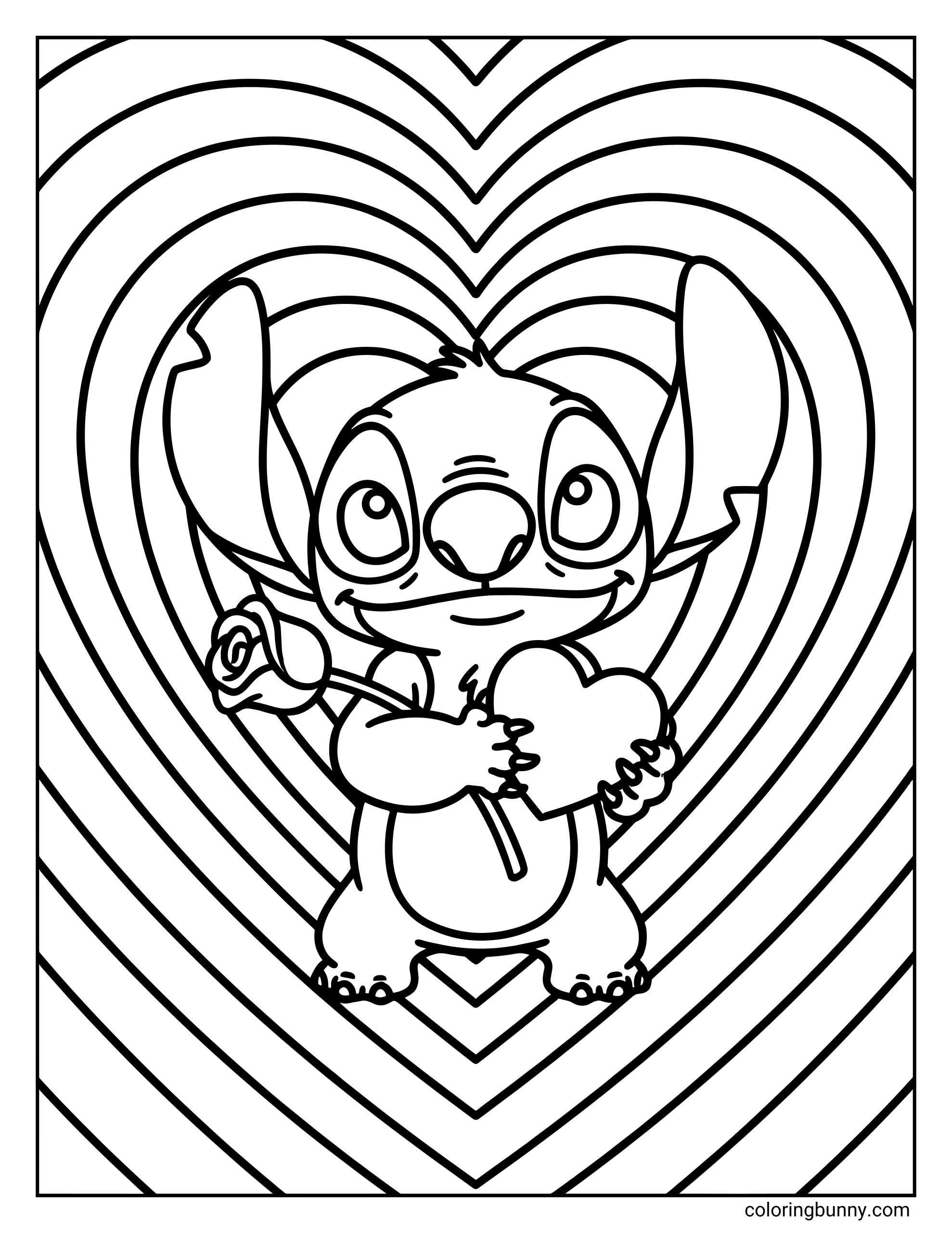 A fun Valentine's coloring page of Stitch holding a heart while bold radiating heart patterns fill the background, inviting kids to color a joyful love-themed scene.