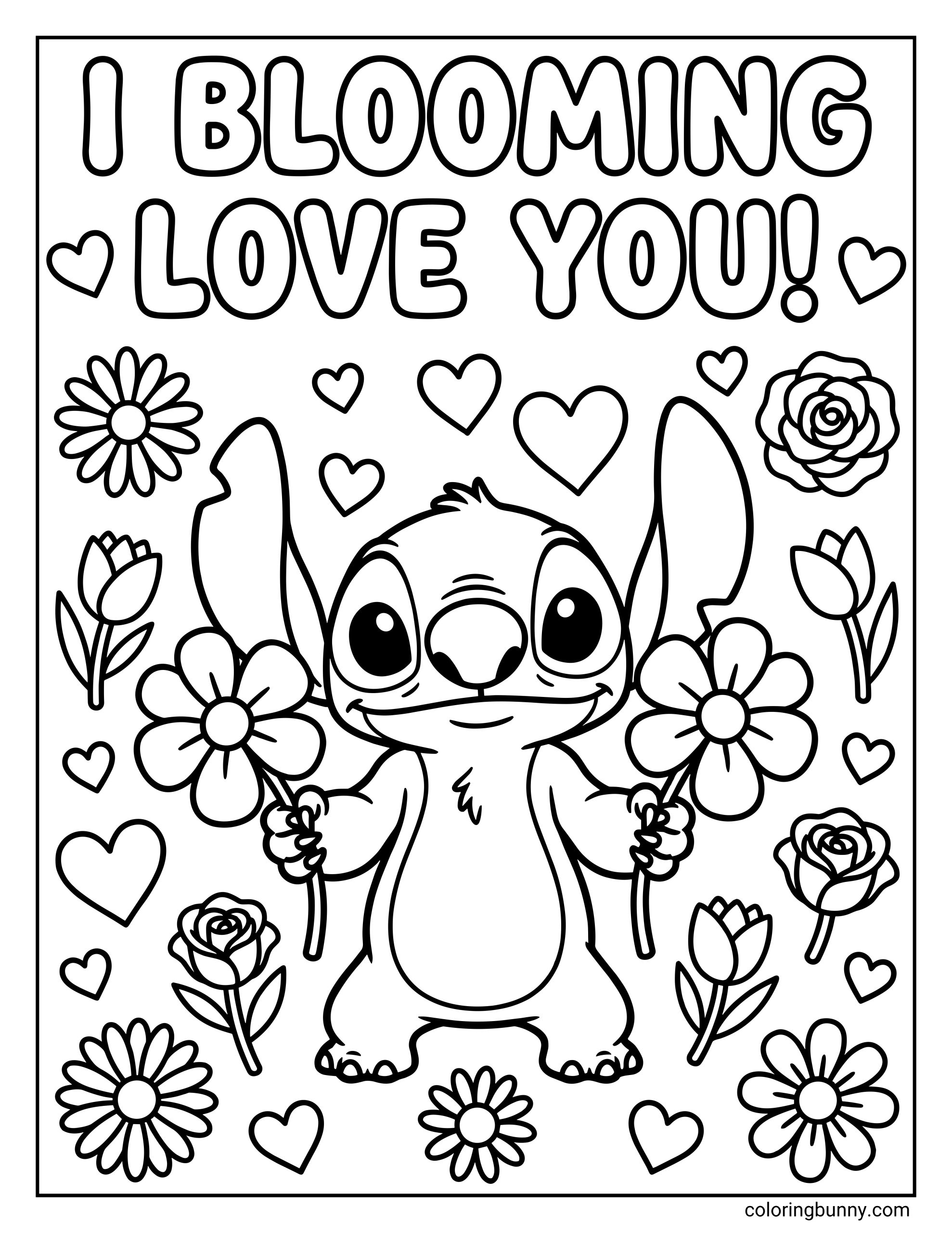 A Valentine’s Day coloring page of Stitch holding flowers, surrounded by hearts and floral designs, with the words “I blooming love you.”
