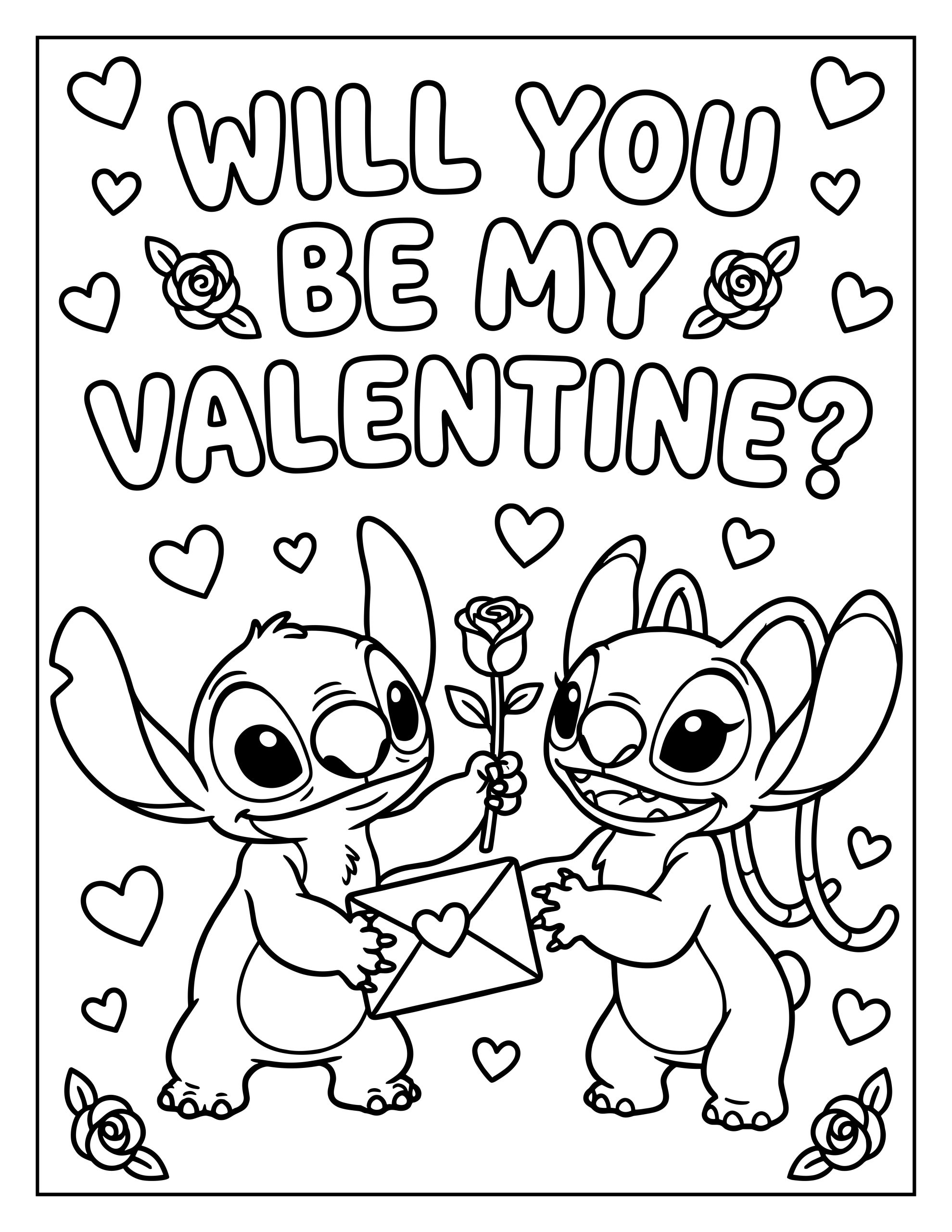 A coloring page of Stitch holding a rose and a Valentine's envelope out to Angel, who is smiling back at him. They are surrounded by floating hearts and roses under the big question "WILL YOU BE MY VALENTINE?".