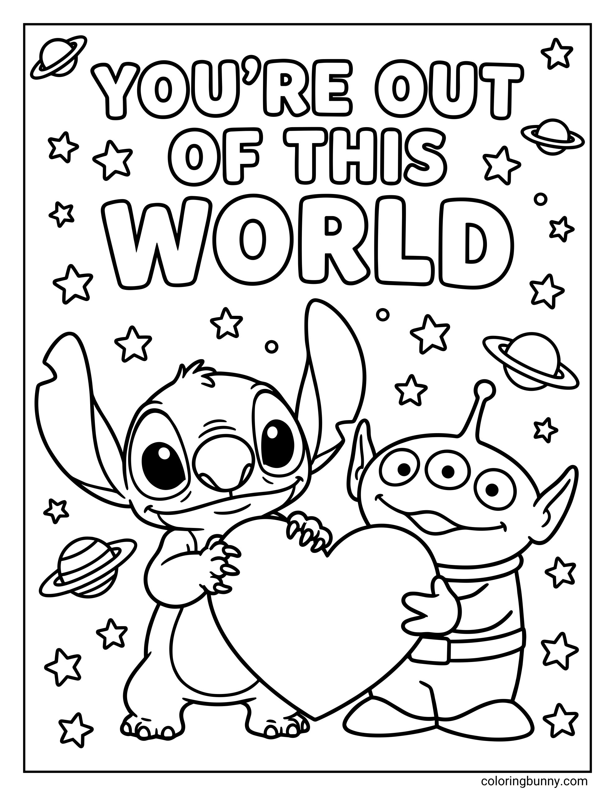 A Disney Valentine's Day coloring page of Stitch and an alien holding a heart, surrounded by stars and the text "YOU'RE OUT OF THIS WORLD."