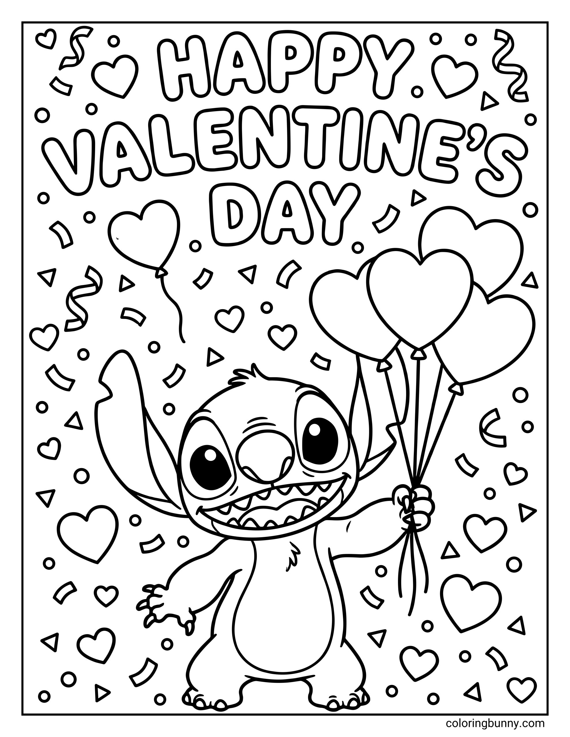 A Disney Stitch Valentine’s Day coloring page showing Stitch smiling and holding heart-shaped balloons, surrounded by confetti, floating hearts, and the text “Happy Valentine’s Day” at the top.