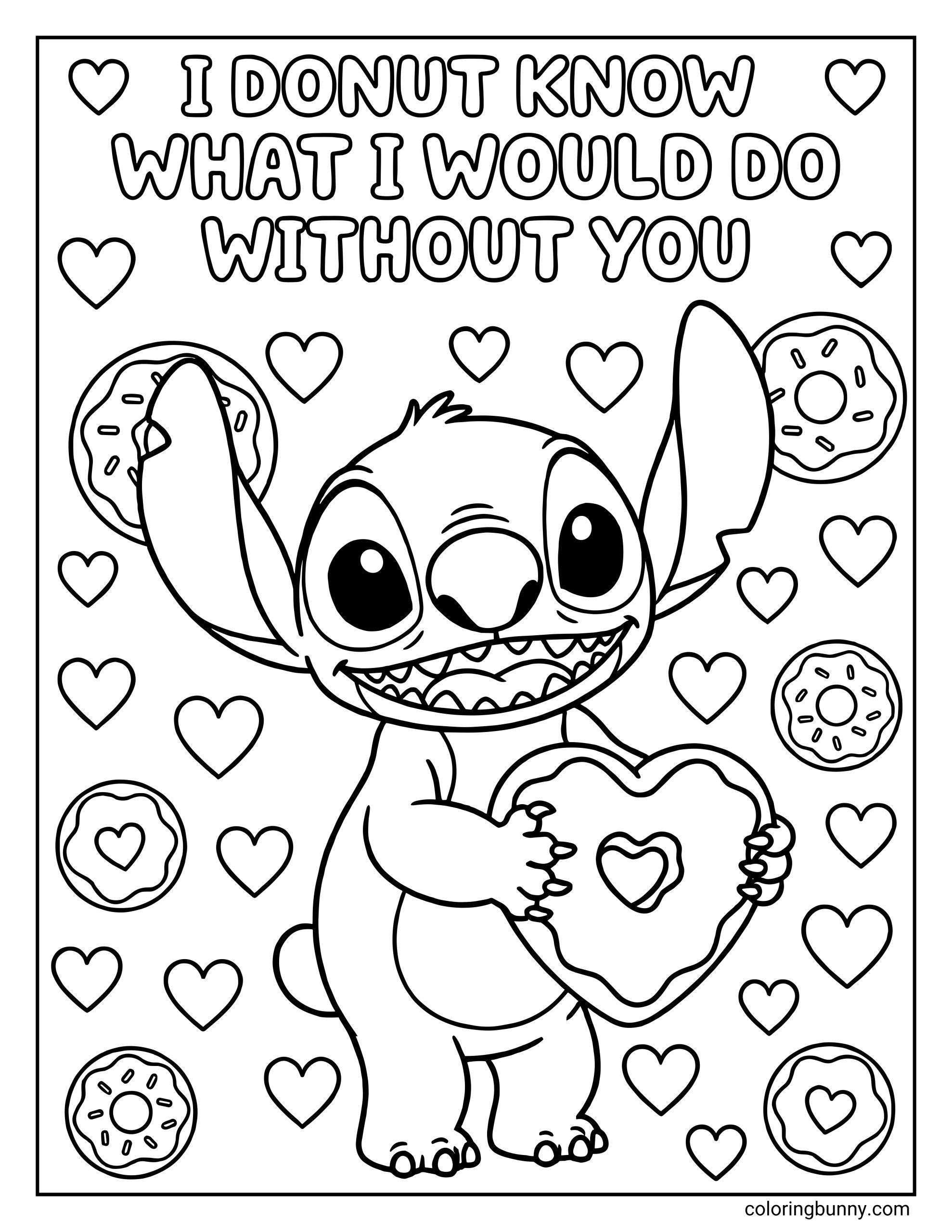 Stitch Valentine’s Day coloring page of Stitch holding a heart-shaped donut, surrounded by hearts and donuts, with the text “I donut know what I would do without you.”
