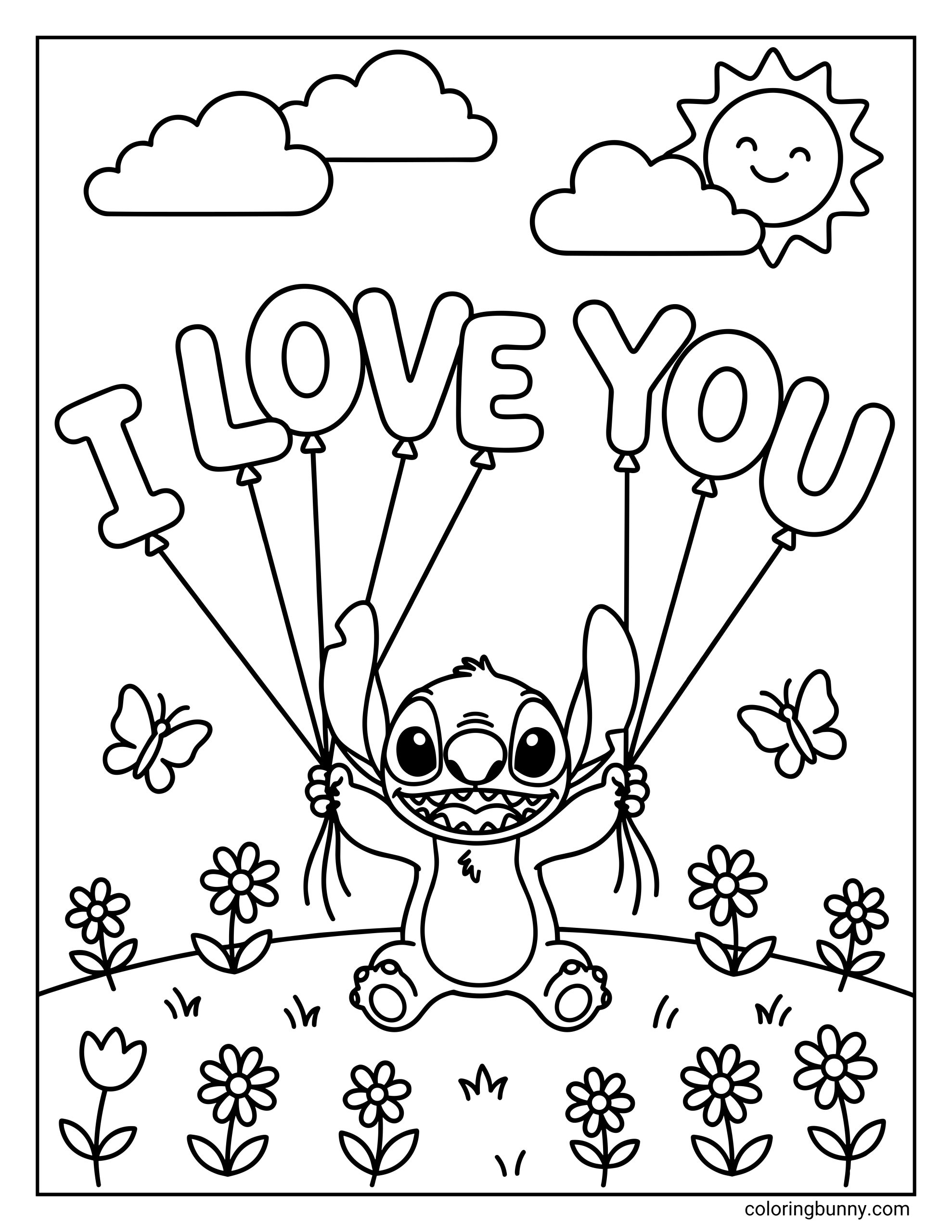 A simple Valentine’s Day coloring page featuring Stitch lifting I love you balloons above a sunny field filled with flowers and happy details.