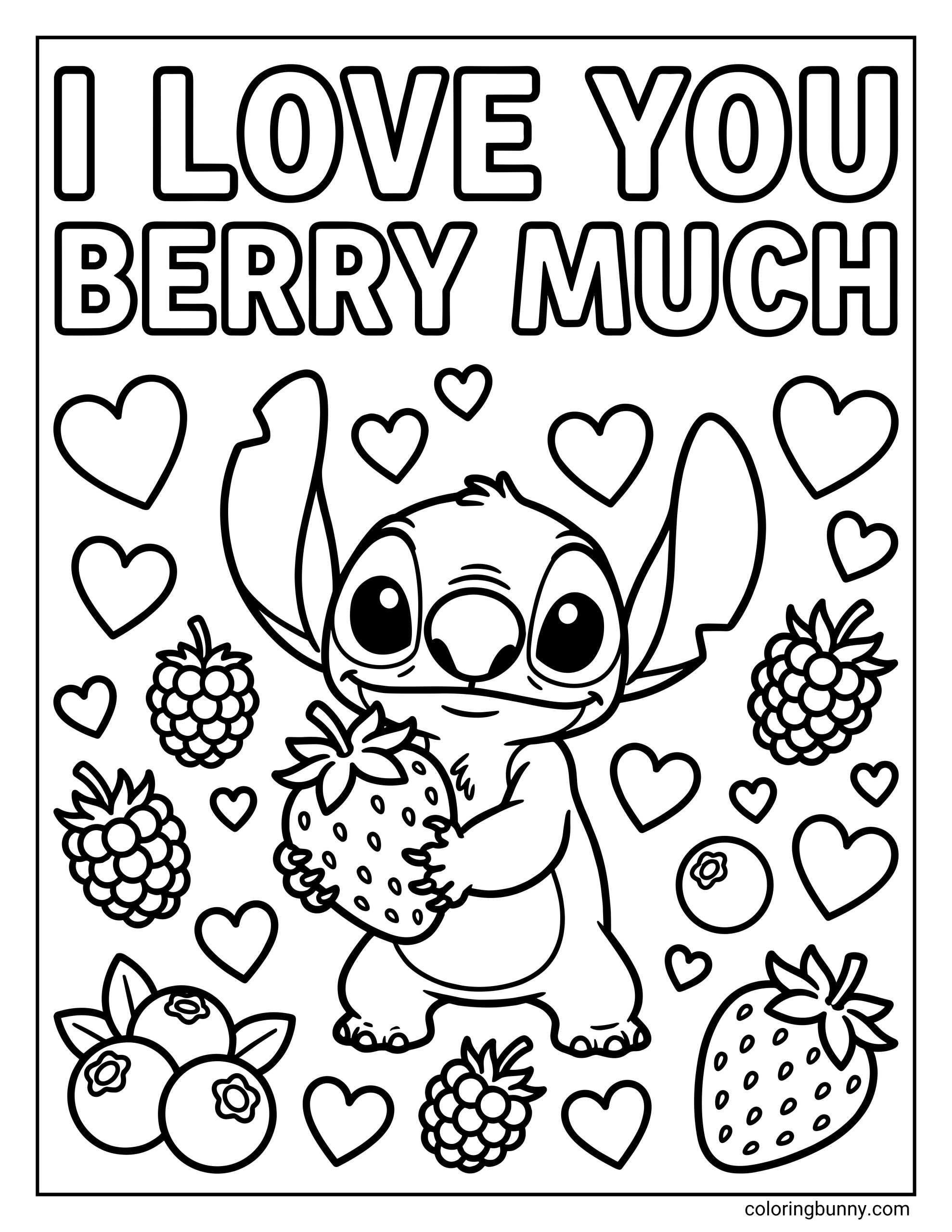A Valentine coloring sheet featuring Disney Stitch holding a strawberry, surrounded by hearts and berry illustrations, with “I love you berry much” text above.